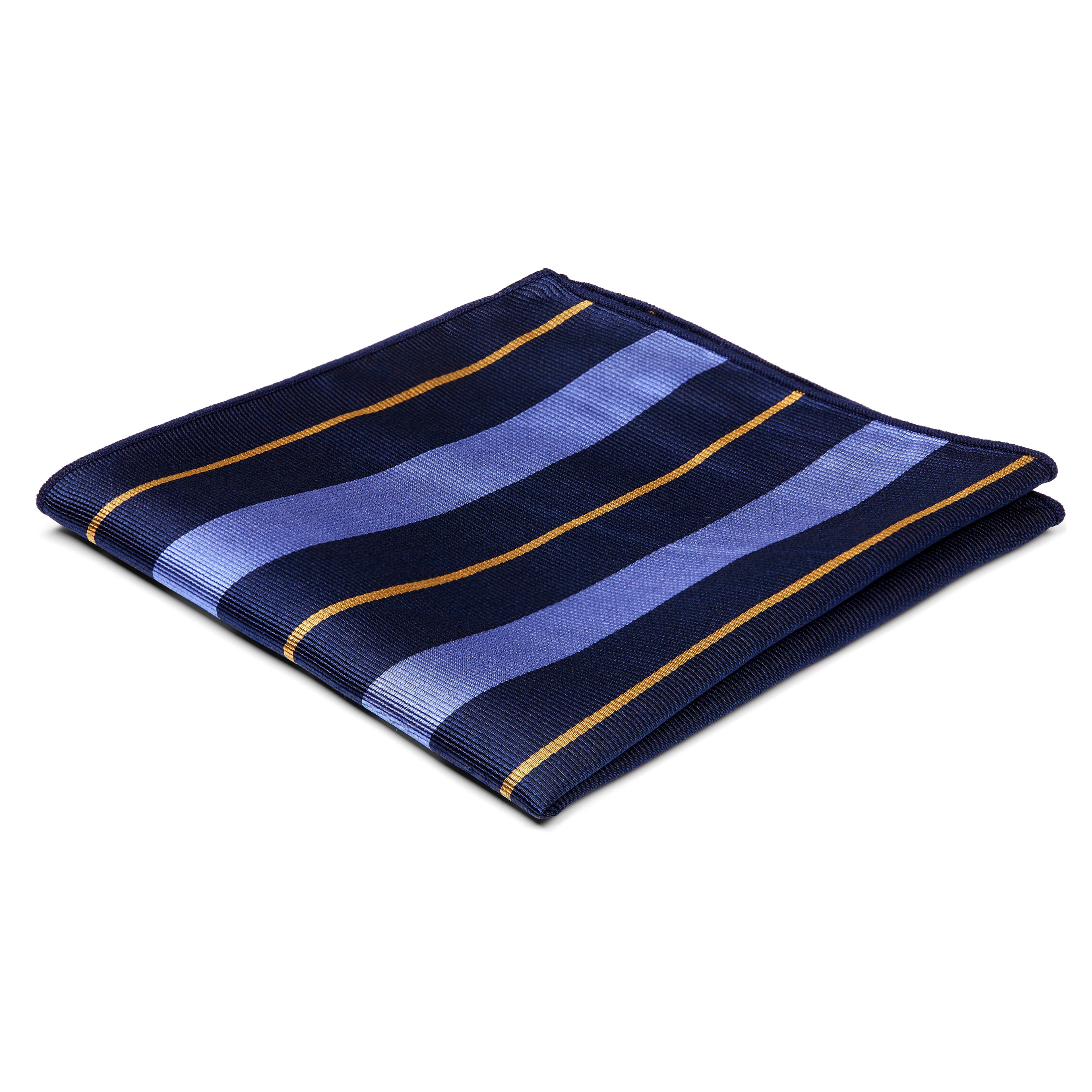 Pochette de costume en soie bleu marine et bleu pastel à rayures or