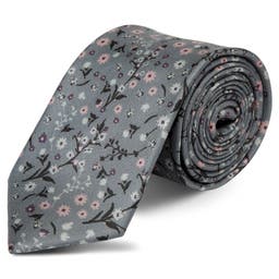 Boho | Grey, Violet & Baby Pink Floral Pattern Silk Tie