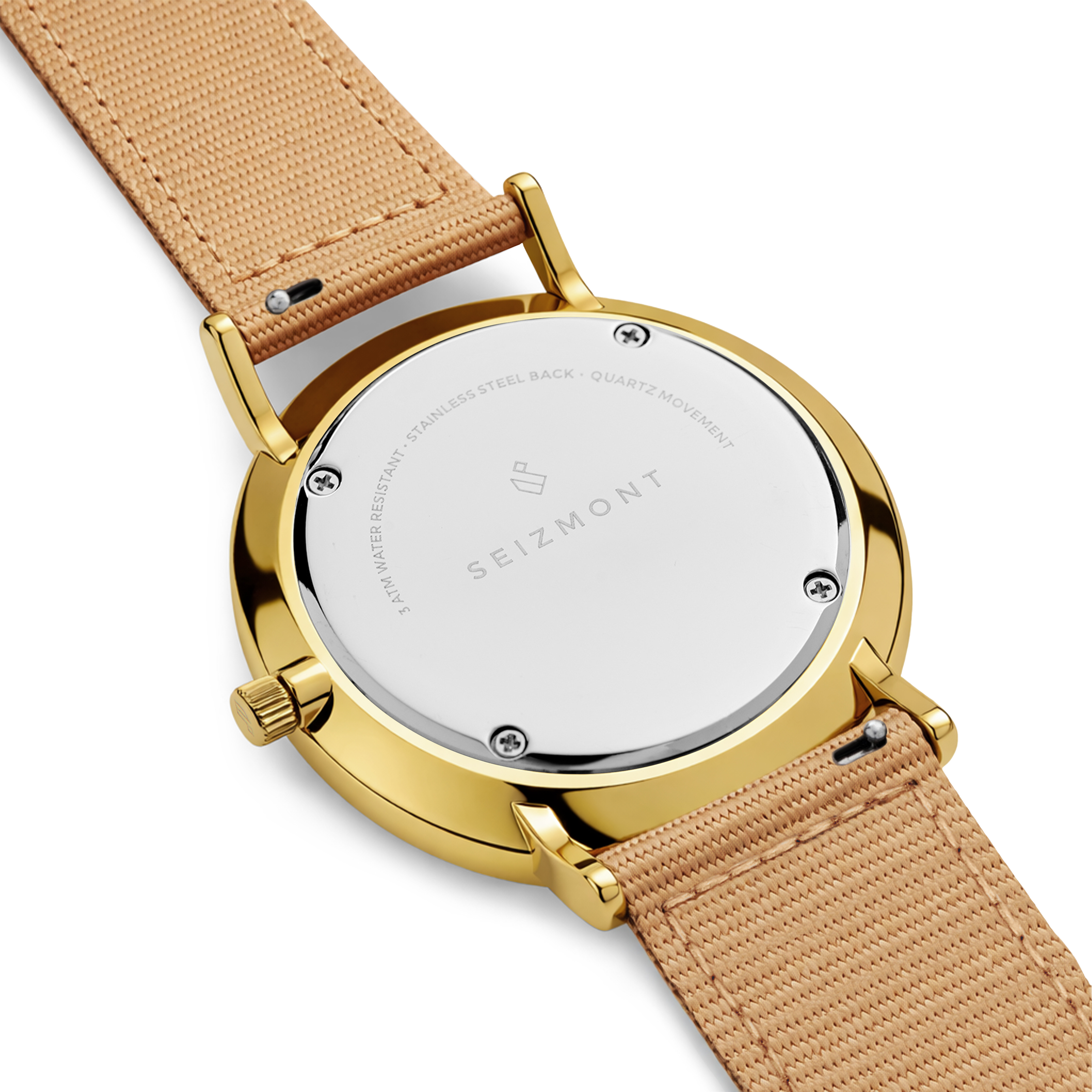 Moment | Χρυσαφί minimalist dress αναλογικό ρολόι quartz με σαμπανιζέ καντράν και μπες άμμου νάιλον λουράκι - 3