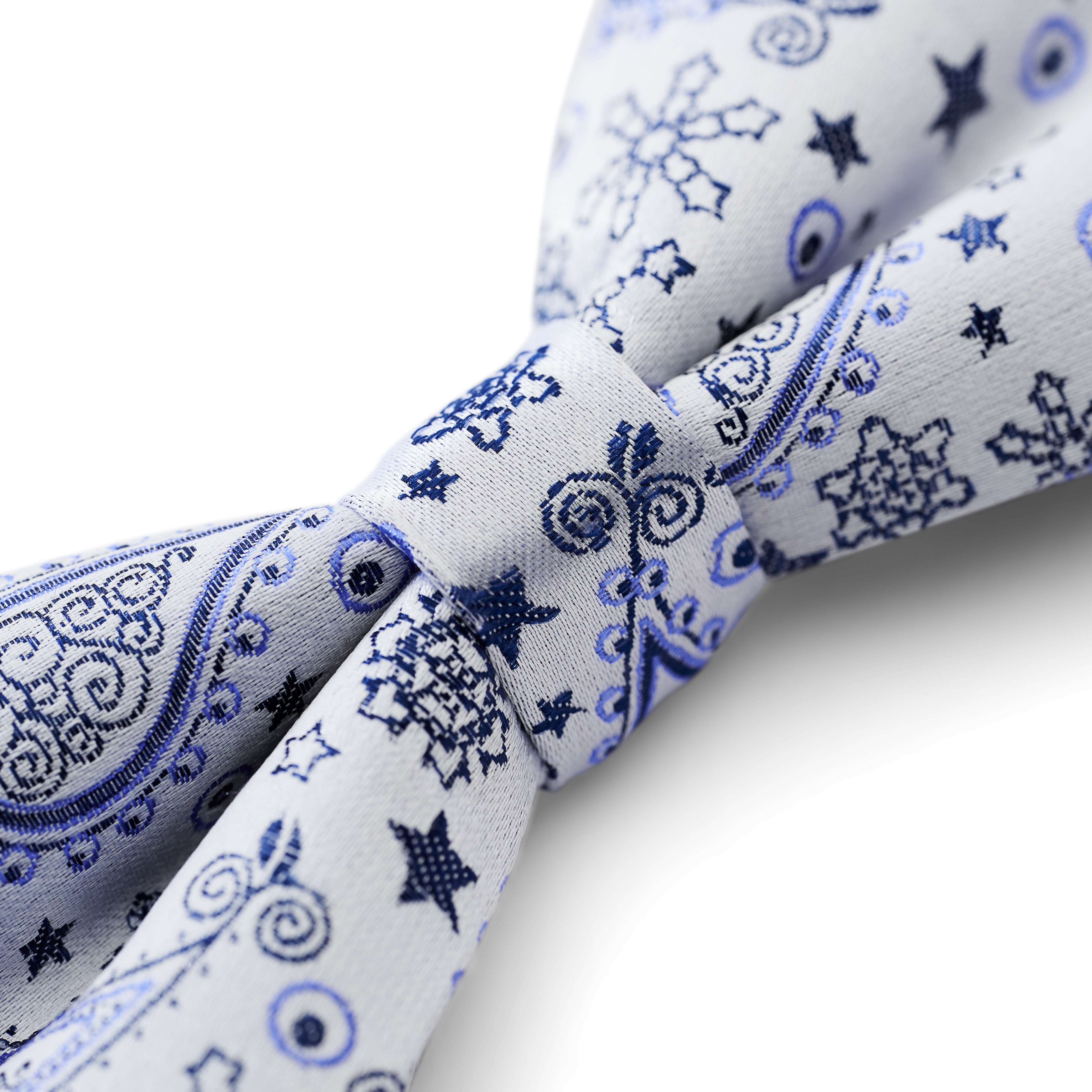 Balta ir mėlyna peislio rašto šilkinis iš anksto surištas peteliškės kaklaraištis - 2