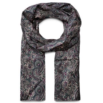 Tmavě modrá a tmavě zelená hedvábná šála se vzorem PAISLEY Tmavě modrá a tmavě zelená hedvábná šála se vzorem PAISLEY