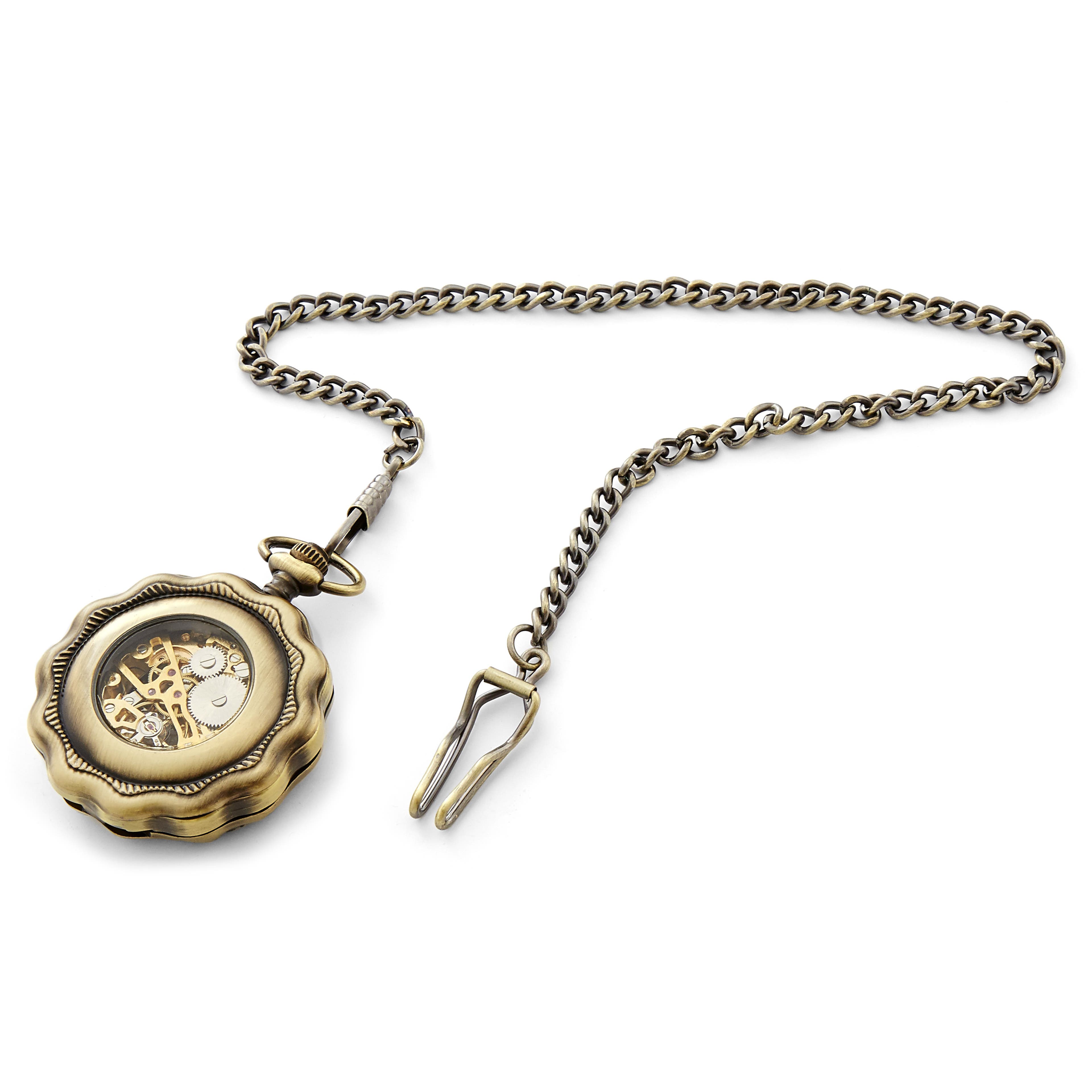 Gold-Tone Skeleton Pocket Watch With Curved Edge, Gold-Tone Movement & Gold-Tone Cable Chain
