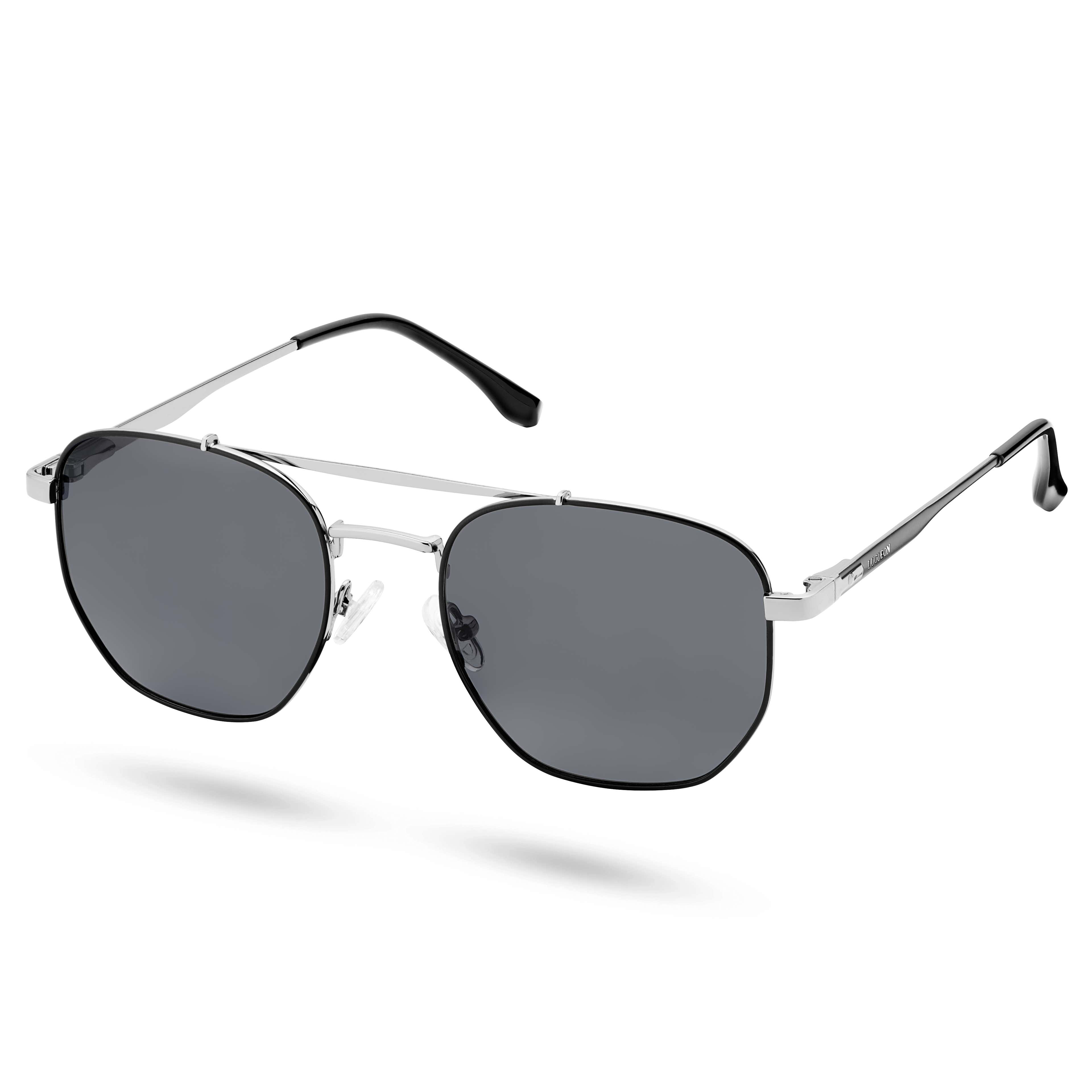 Polarisierte rechteckige Pilotenbrille in Schwarz und Stahl