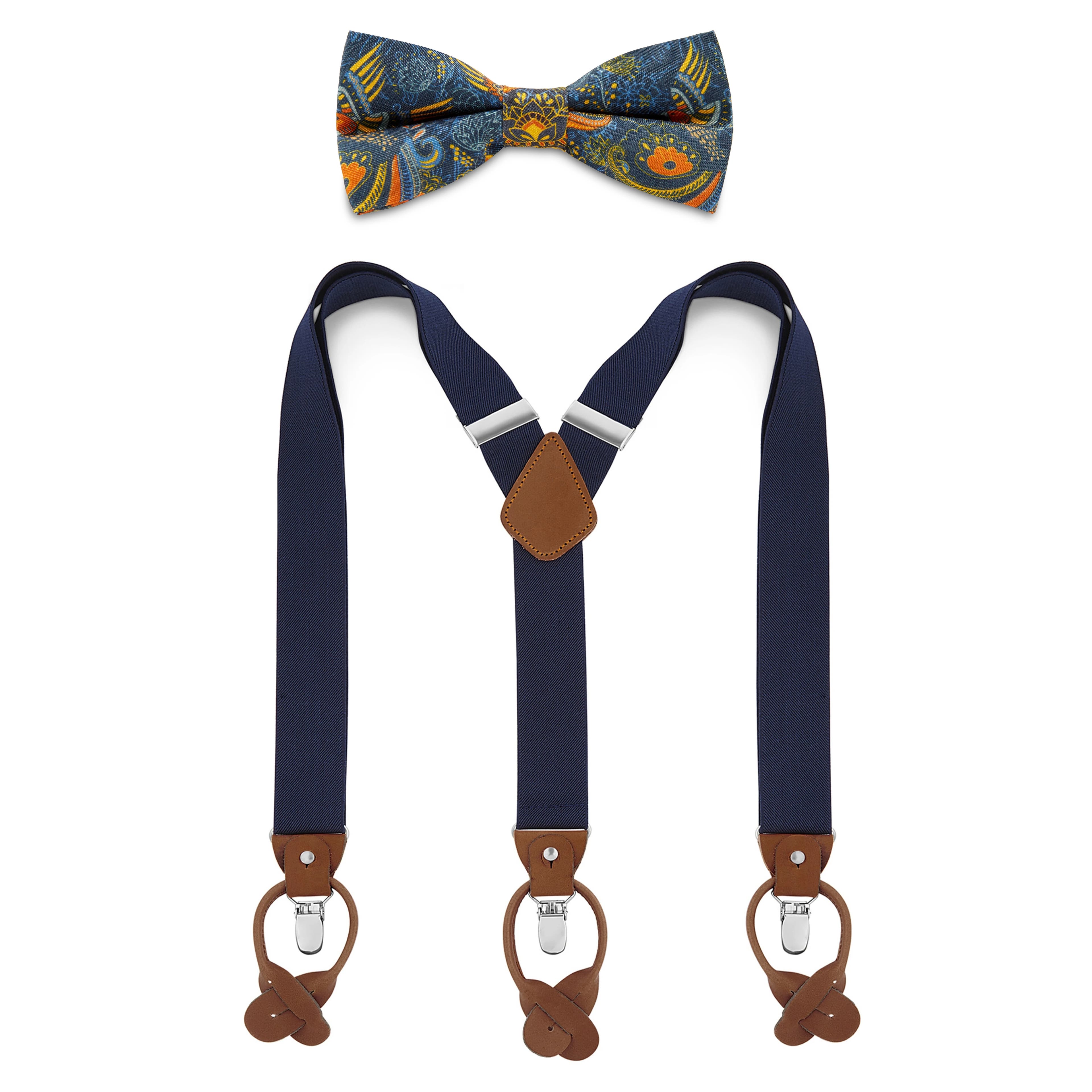 Blue Pre-Tied Silk Bow Tie and Black Braces Set