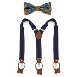 Blue Pre-Tied Silk Bow Tie and Black Braces Set