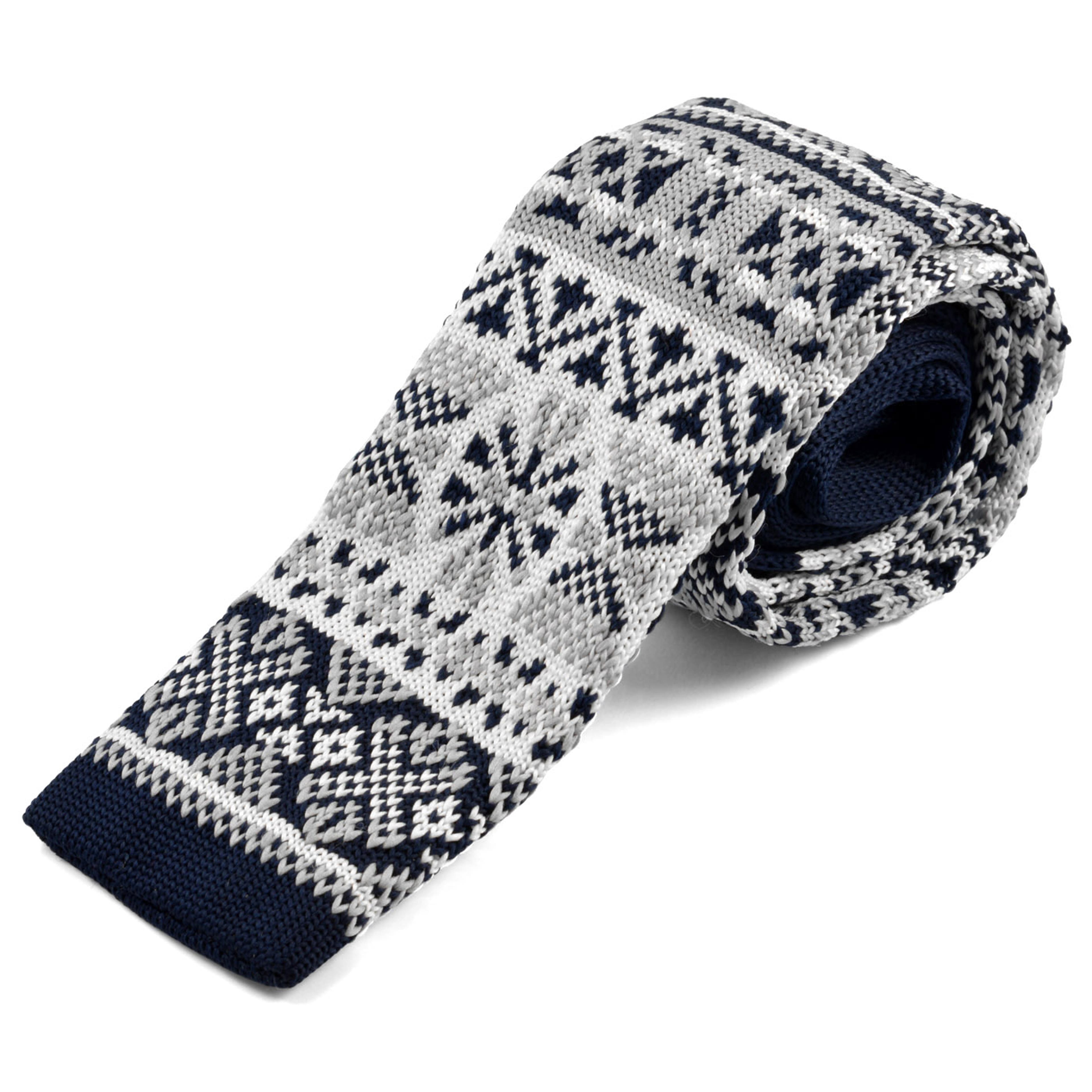 Blue & White Nordic Patterned Polyester Knitted Tie