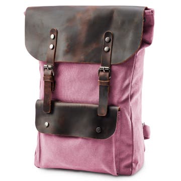 Plátený ruksak vo vintage štýle v ružovej farbe s koženými detailmi