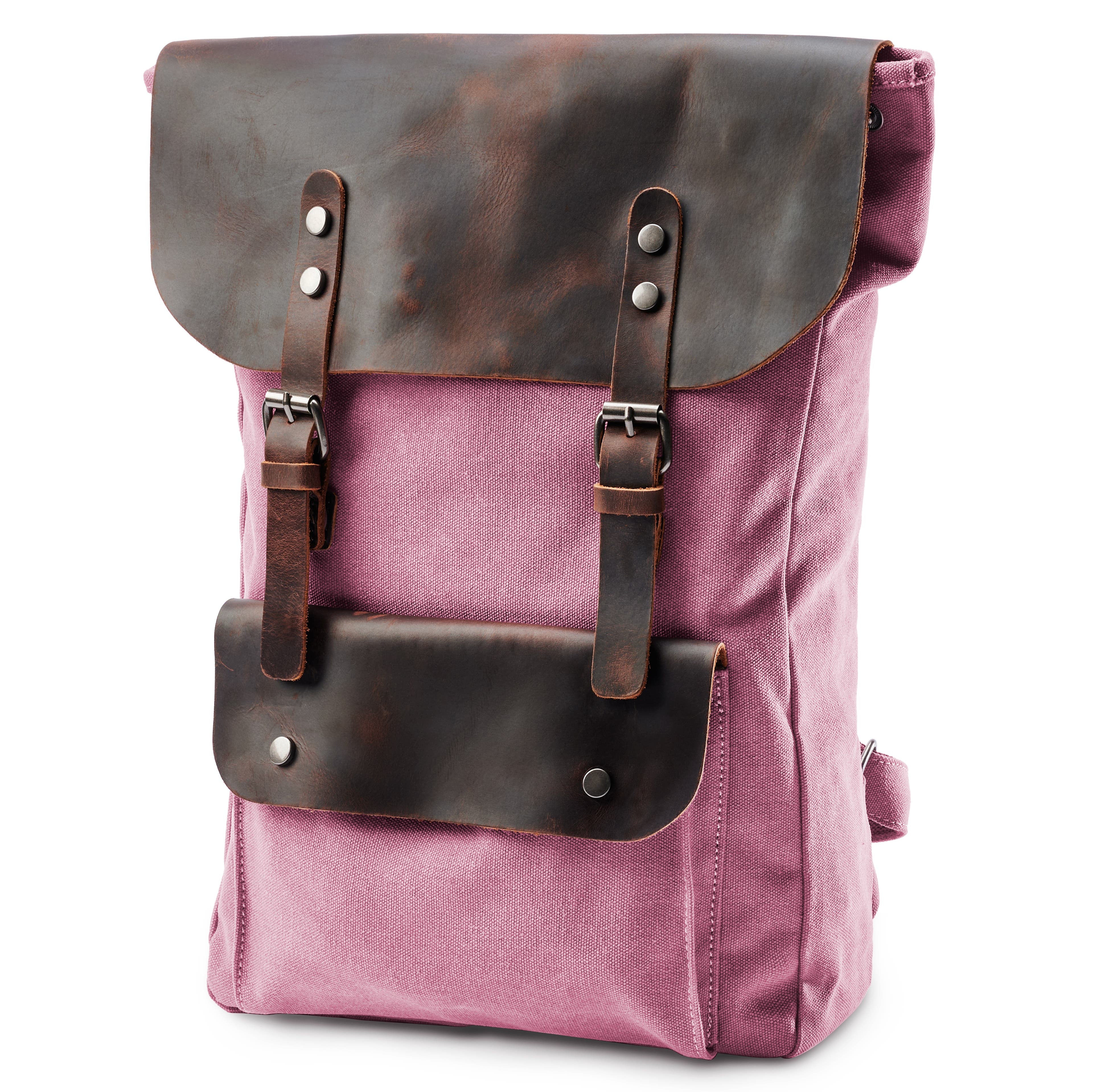 Vintage-Style Pink Leather & Canvas Backpack