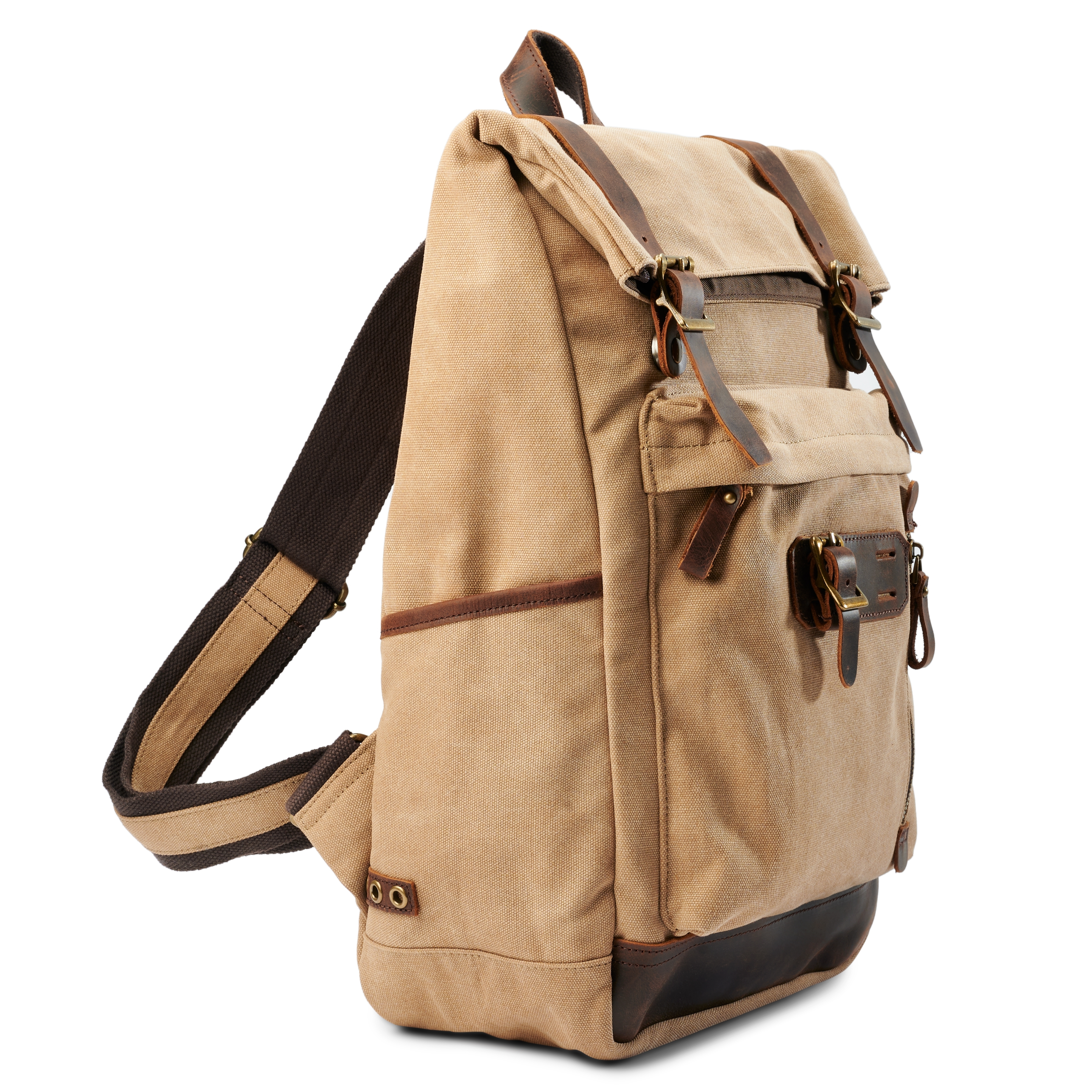 Robuster Rucksack aus hellbraunem Canvas und Leder im Vintage-Stil - 4