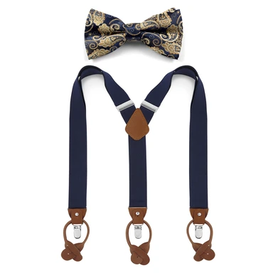 Vorgebundene Paisley Fliege und blaue Hosenträger Set Vorgebundene Paisley Fliege und blaue Hosenträger Set