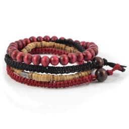 Red, Brown & Black With Wood, Coconut & Cotton Bracelet Set