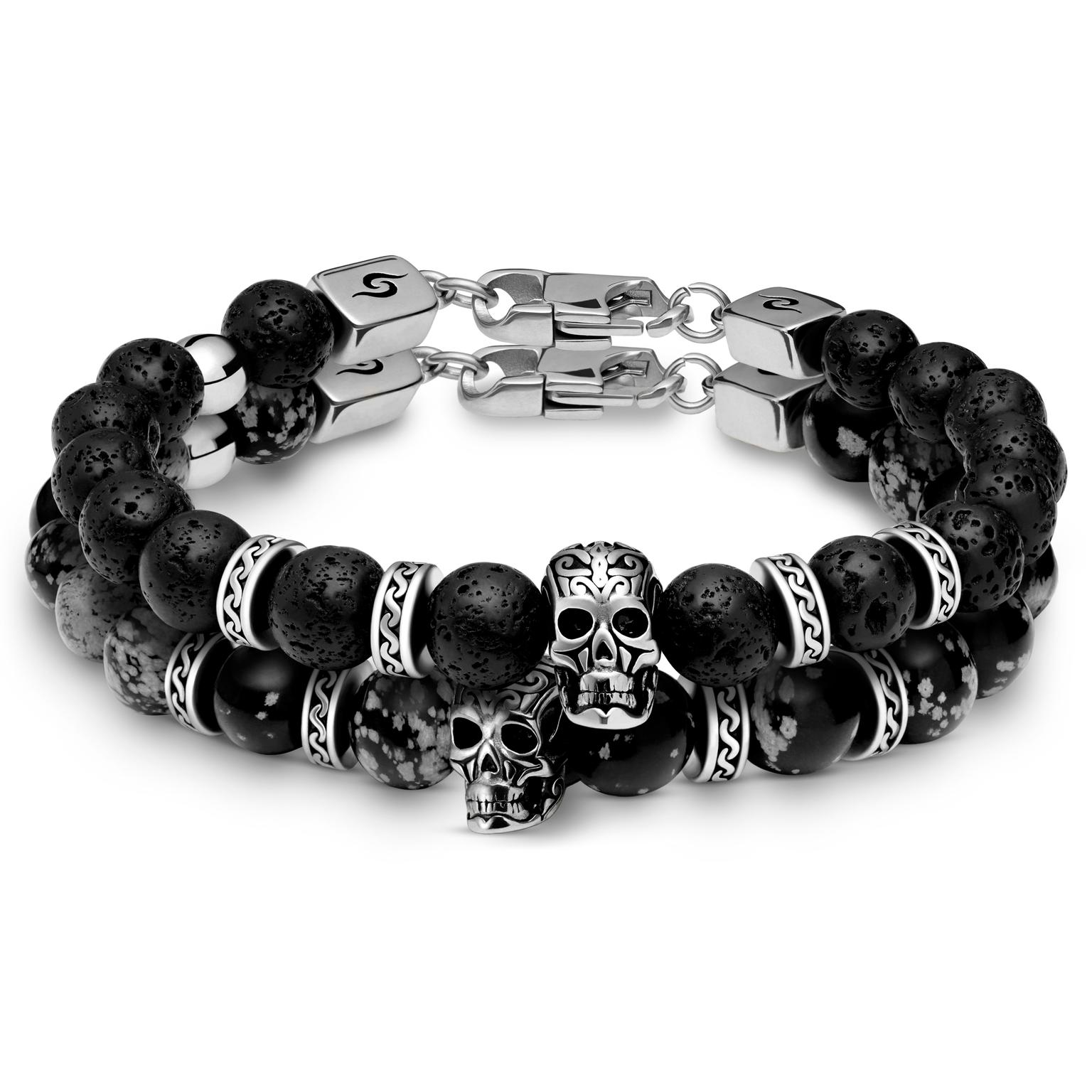 Bracelets argentés Rico en pierre de lave, oeil de tigre et pendentif crâne Bracelets argentés Rico en pierre de lave, oeil de tigre et pendentif crâne