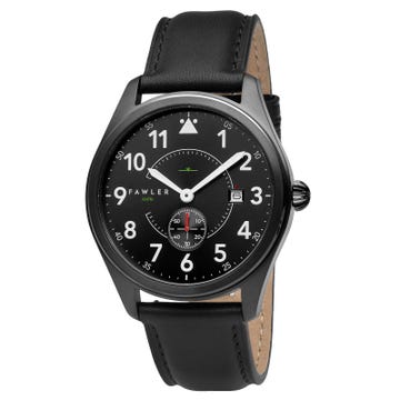 Aviator | Black Aviator Watch With Black Dial, White Arms & Black Leather Strap