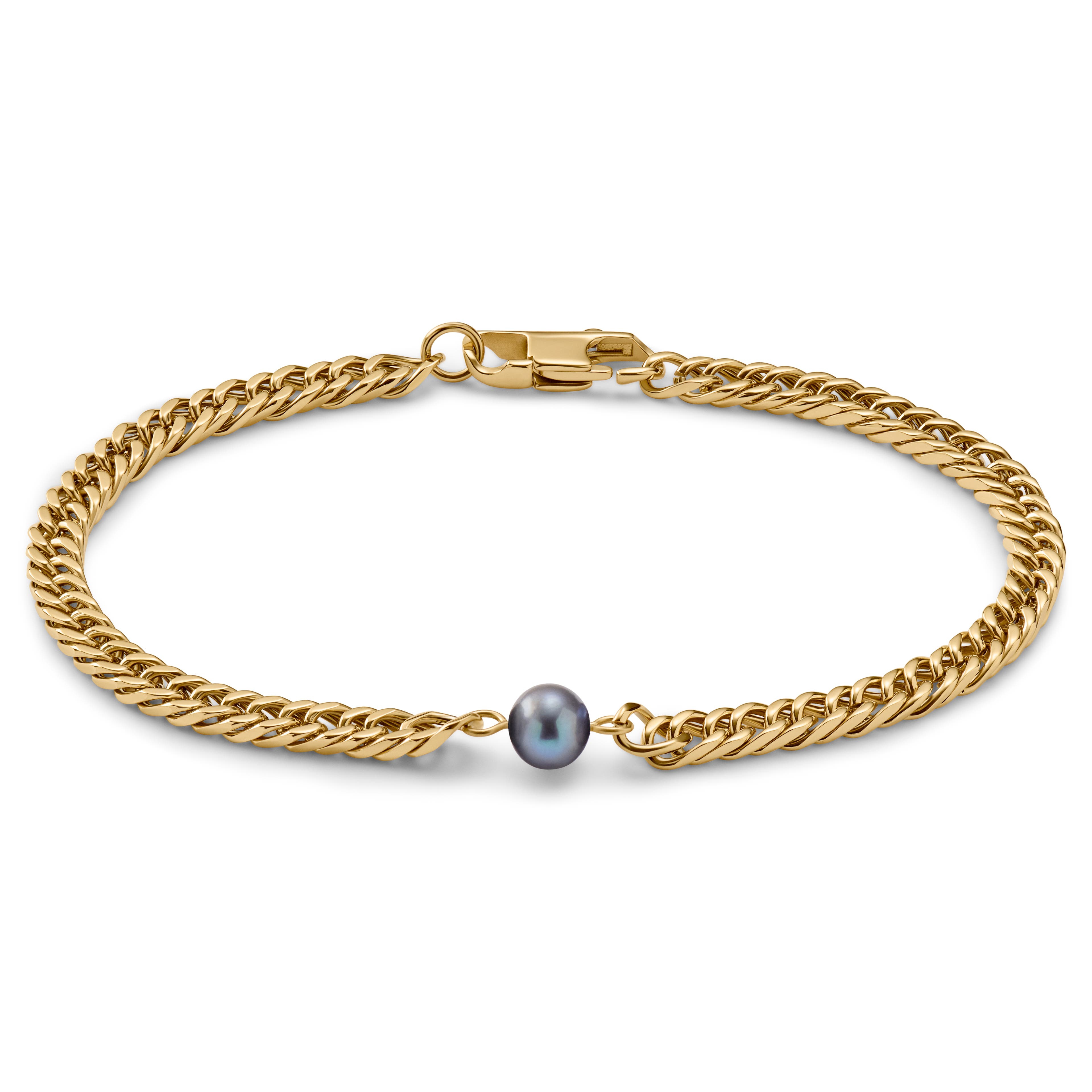 Ocata | Goldfarbenes Armband mit kubanischer Kette und schwarzen Perlen