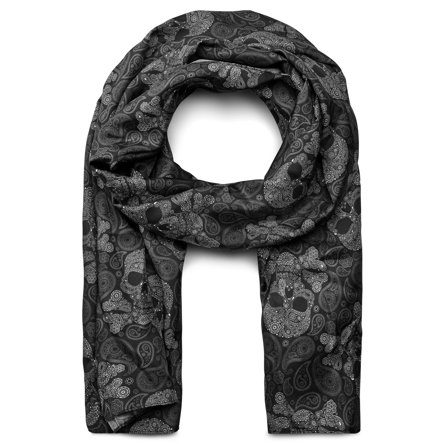 Schwarz & grauer Schal aus Seide mit Totenkopf-Paisleymuster Schwarz & grauer Schal aus Seide mit Totenkopf-Paisleymuster