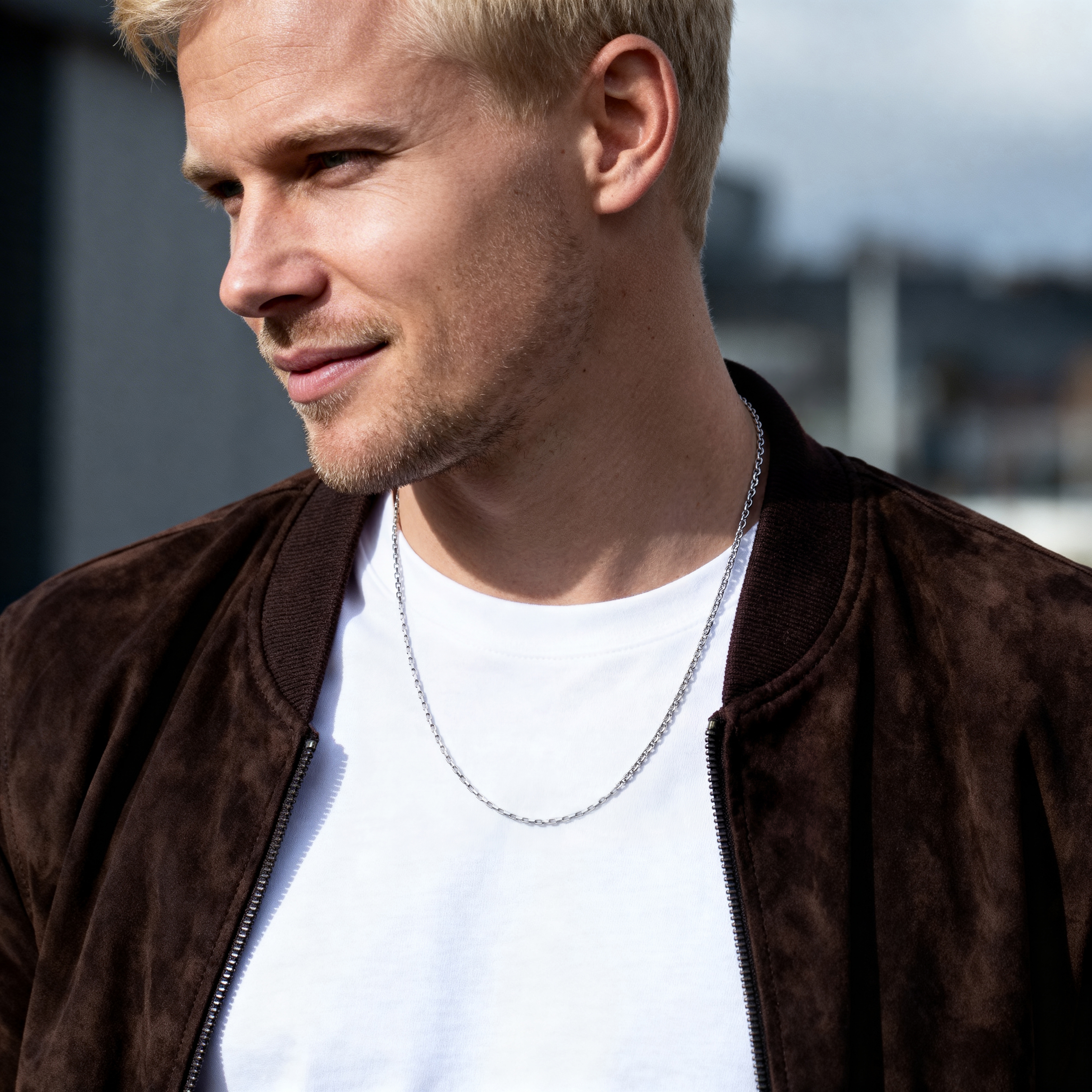 New Classics | Collar con cadena doble de eslabones de ancla y rectangulares de acero inoxidable en tono plateado de 4 mm - 3