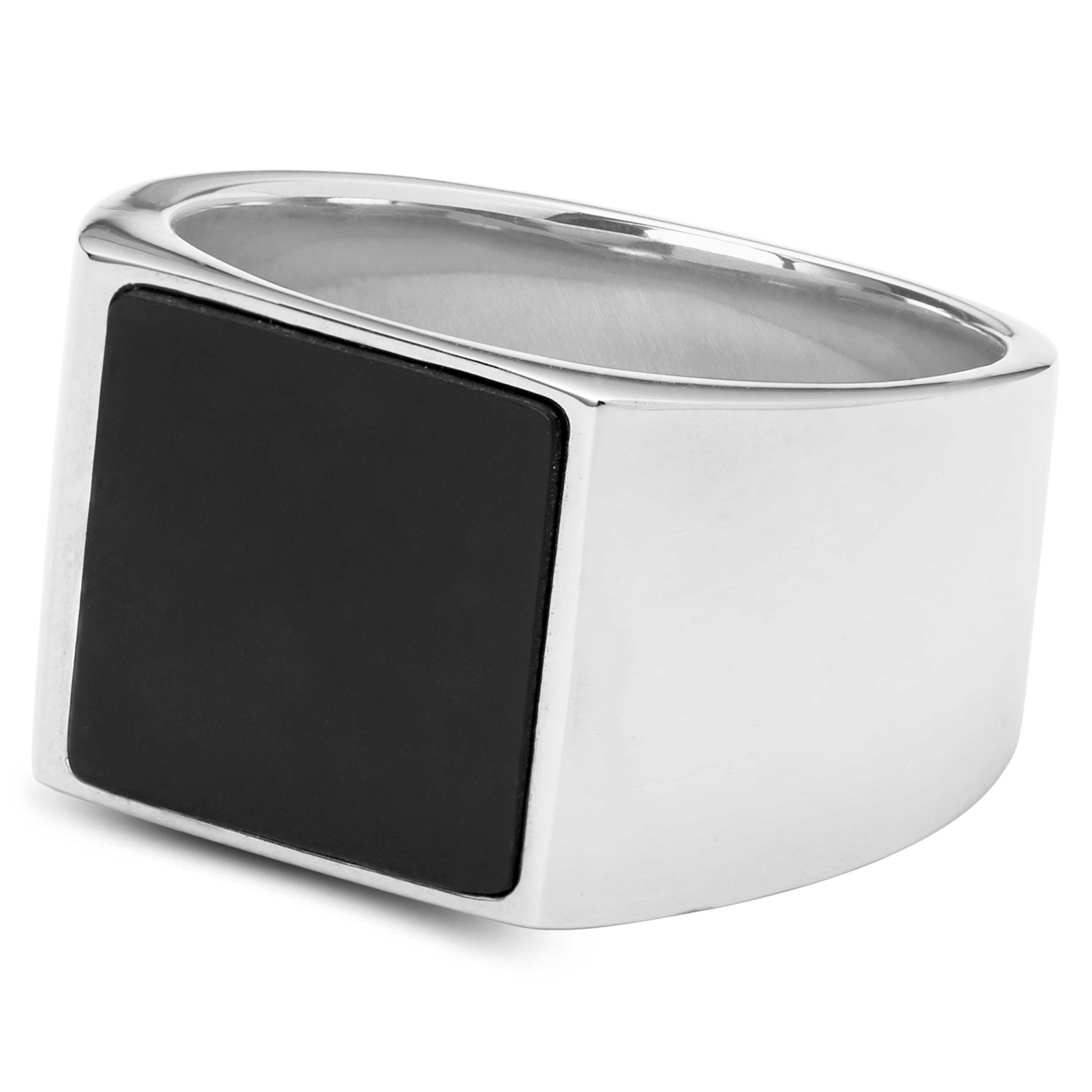 Aras | Pečetní prsten na malíček stříbrné barvy s hranatým černým onyxem 