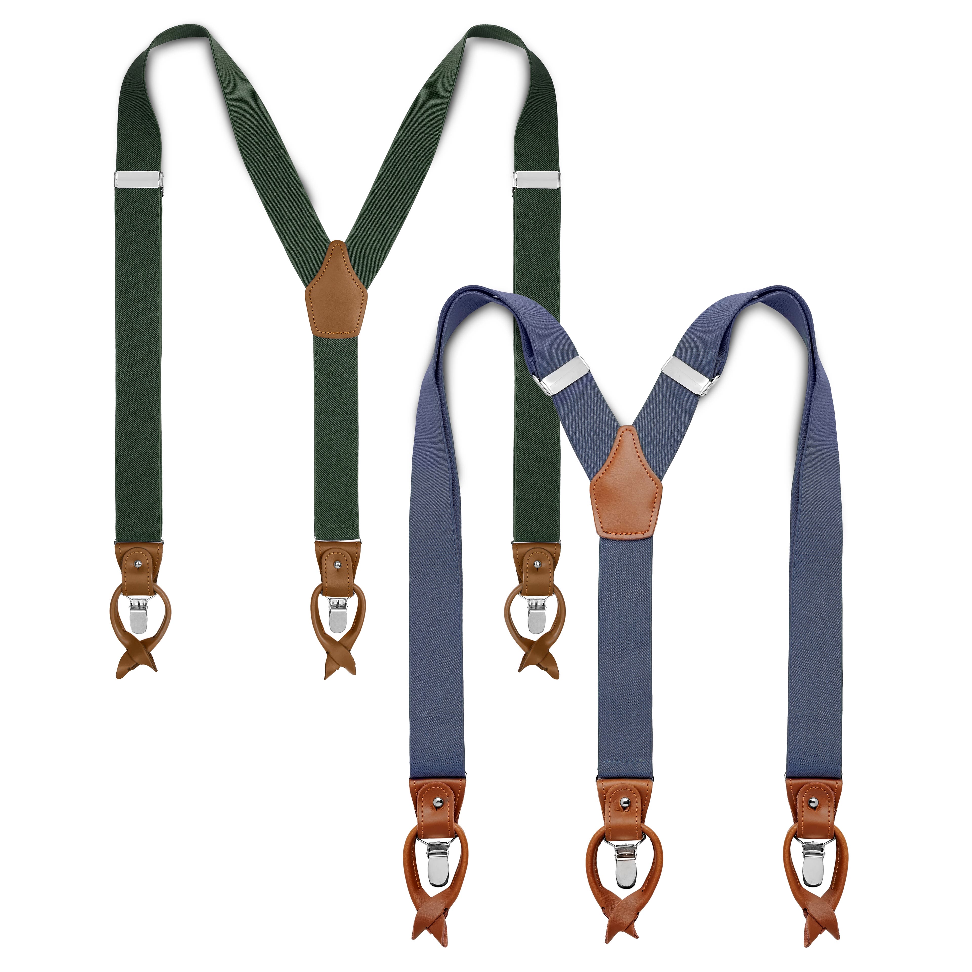 Wide Light Blue and Forest Green Convertible Suspenders Set