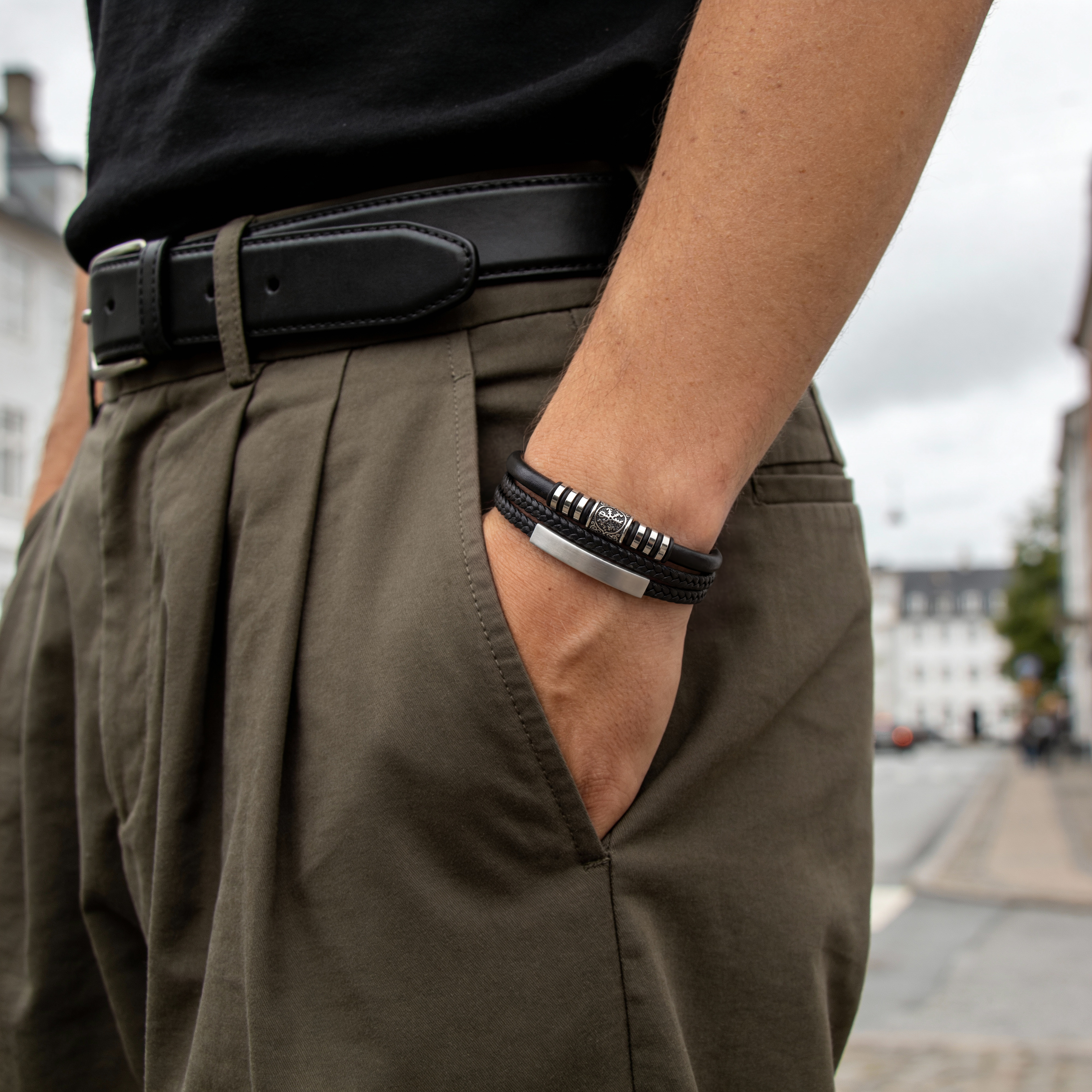 Silver-Tone Stainless Steel & Faux Leather Viking Compass ID Bracelet - 2