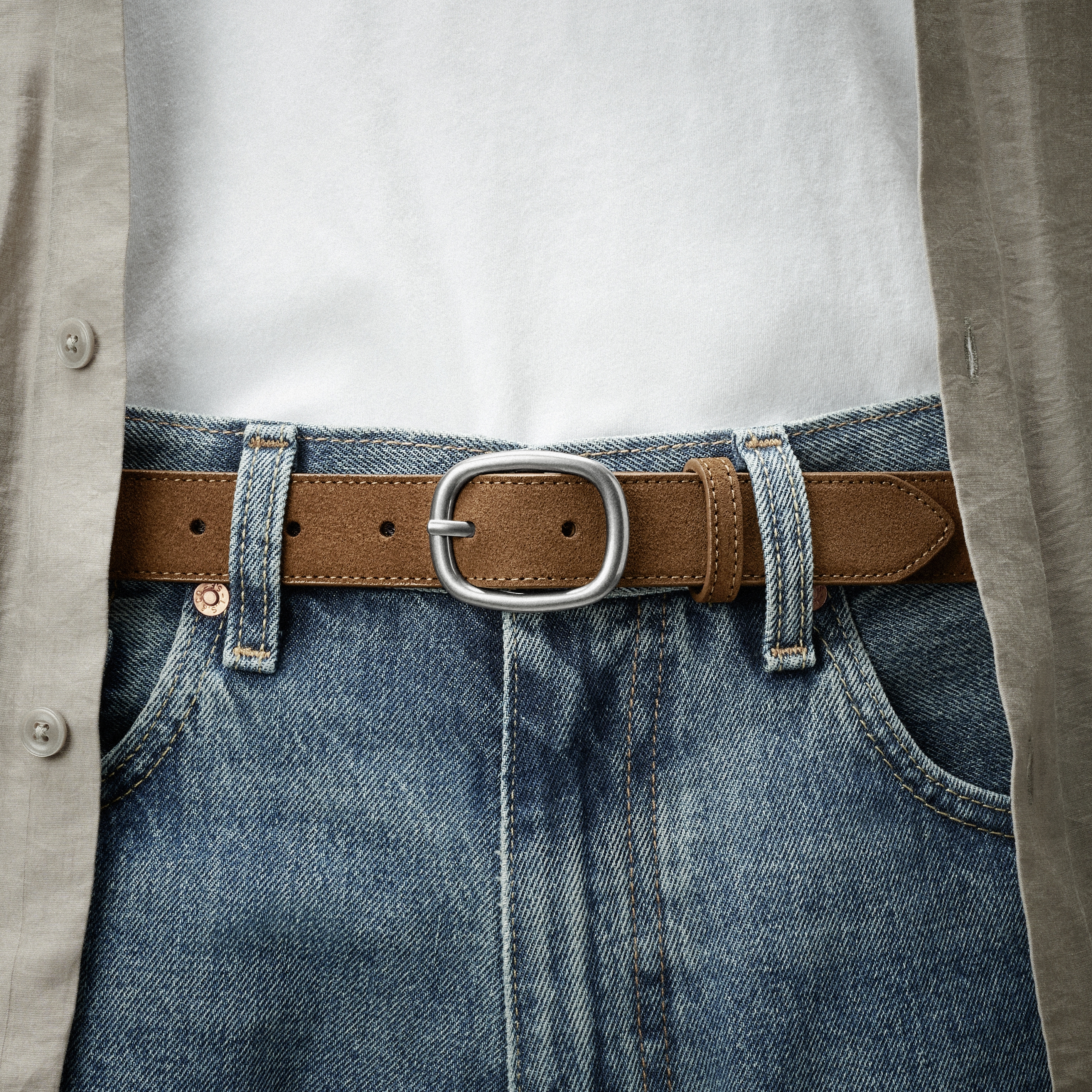 Cinturón de antelina con hebilla redonda marrón claro - 3