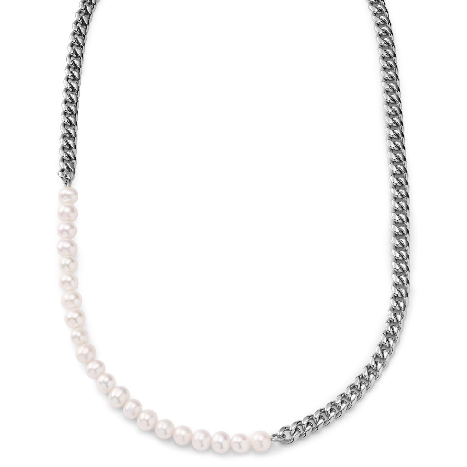 Ocata | Silver-Tone Curb Chain & Pearl Necklace Ocata | Silver-Tone Curb Chain & Pearl Necklace
