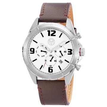 Alton | Silver-Tone Chronograph Watch With White Dial & Brown Leather Strap