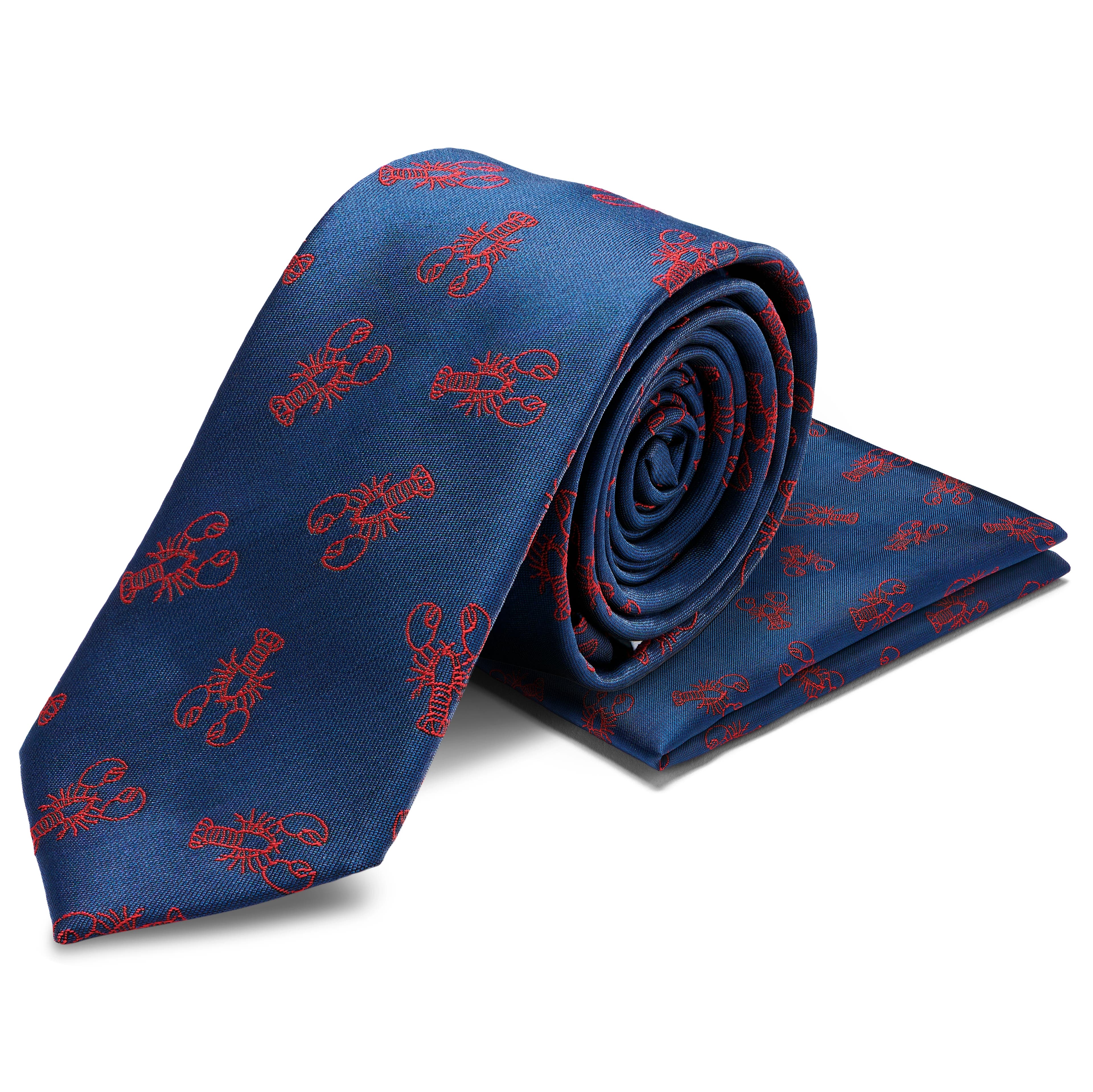 Double-Sided Pocket Square and Necktie Set with Lobsters