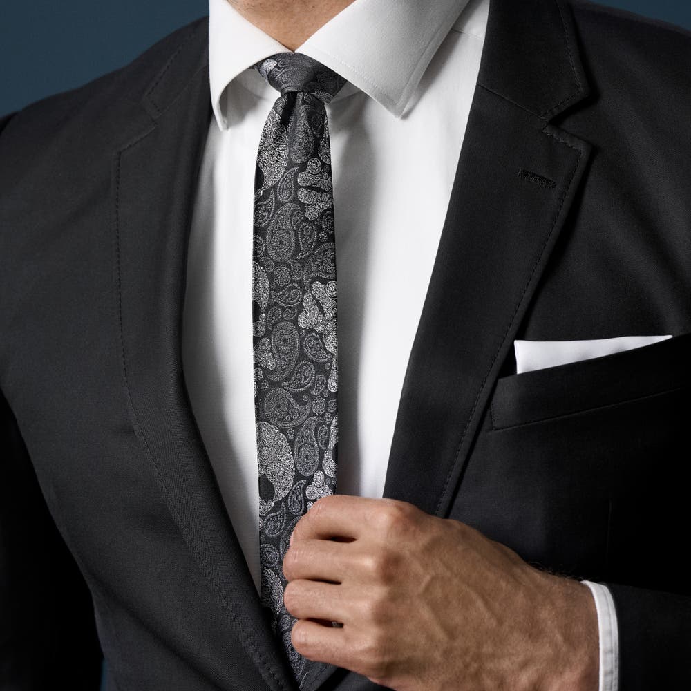 hover: Black & Grey Skull Paisley Pattern Silk Necktie | 6 cm hover: Black & Grey Skull Paisley Pattern Silk Necktie | 6 cm