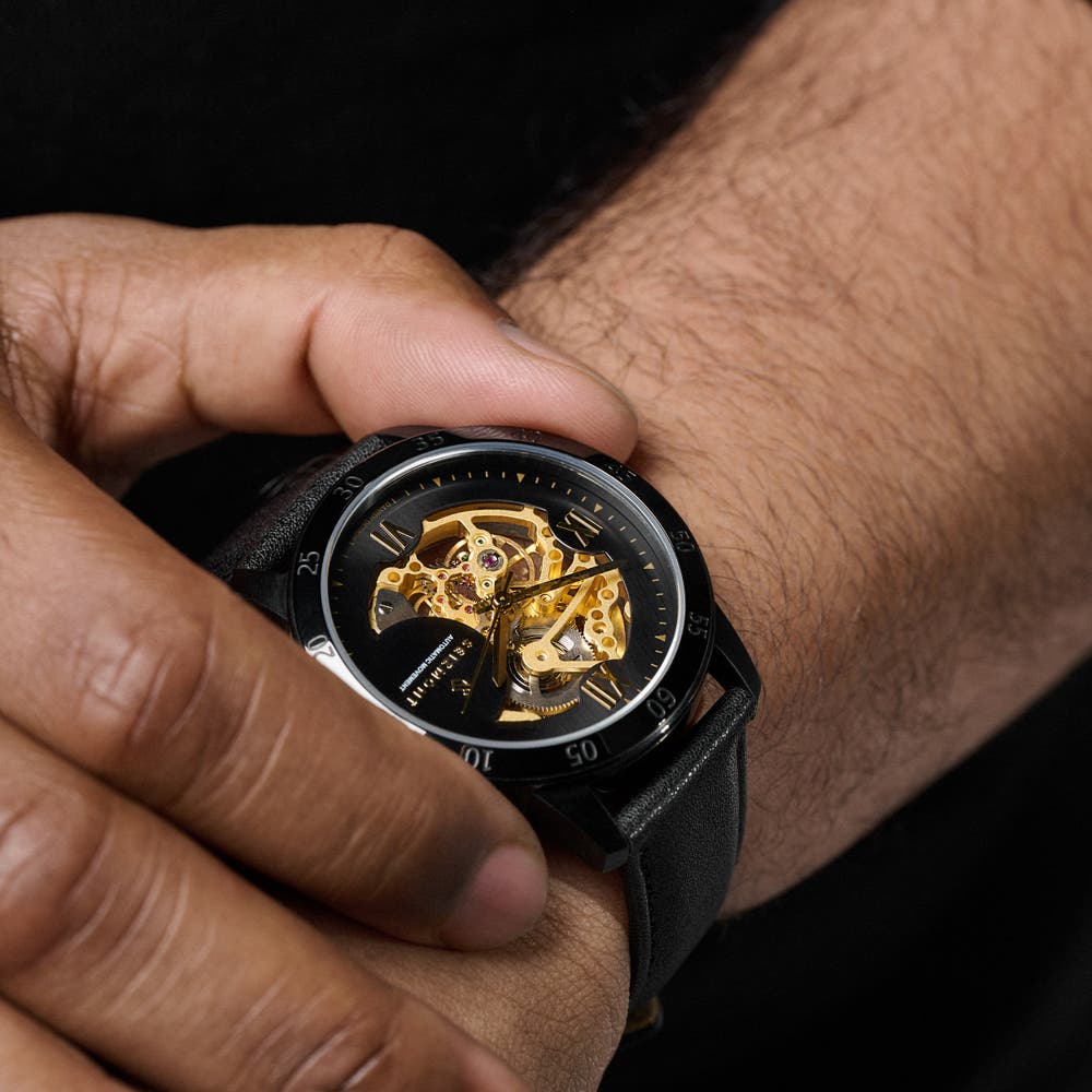 hover: Dante II | Gold-tone and Black Skeleton Watch with Leather Straps hover: Dante II | Gold-tone and Black Skeleton Watch with Leather Straps