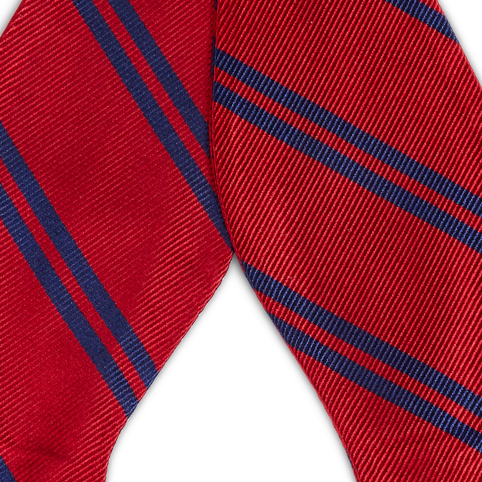 Papion self-tie din mătase roșie cu dungi duble bleumarin - 2