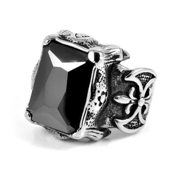 Silver-Tone Stainless Steel & Black Zirconia Fleur-De-Lys Ring