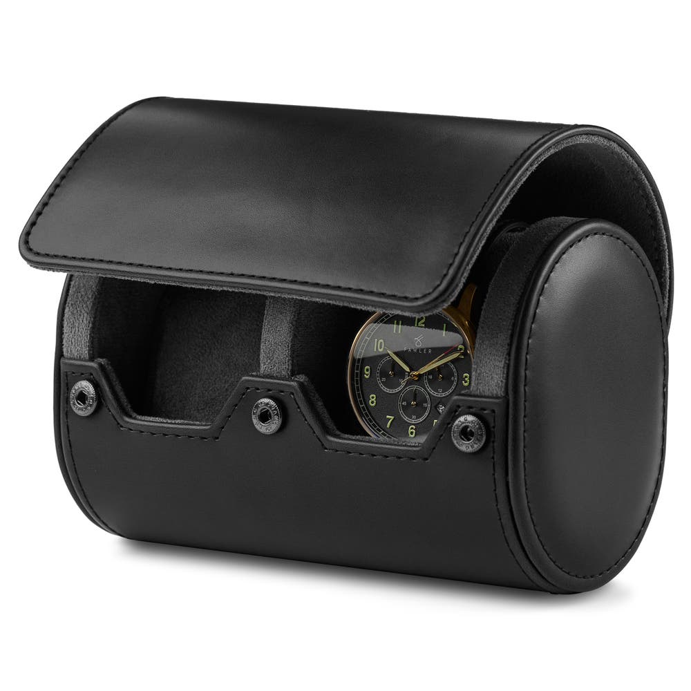 hover: Black Vintage Leather Double Watch Roll hover: Black Vintage Leather Double Watch Roll