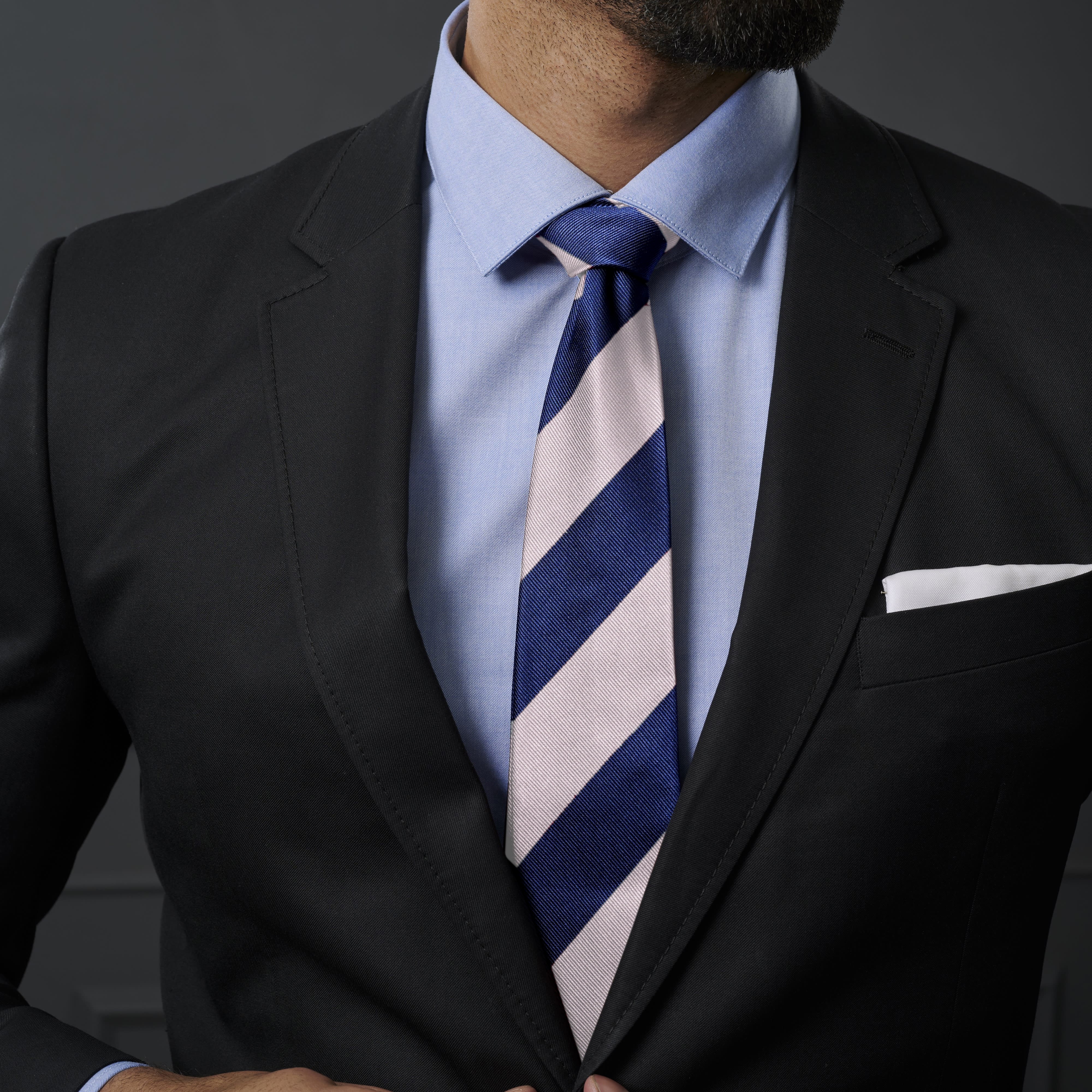Wide Navy Blue & Silver Bold Diagonal Striped Silk Tie | In