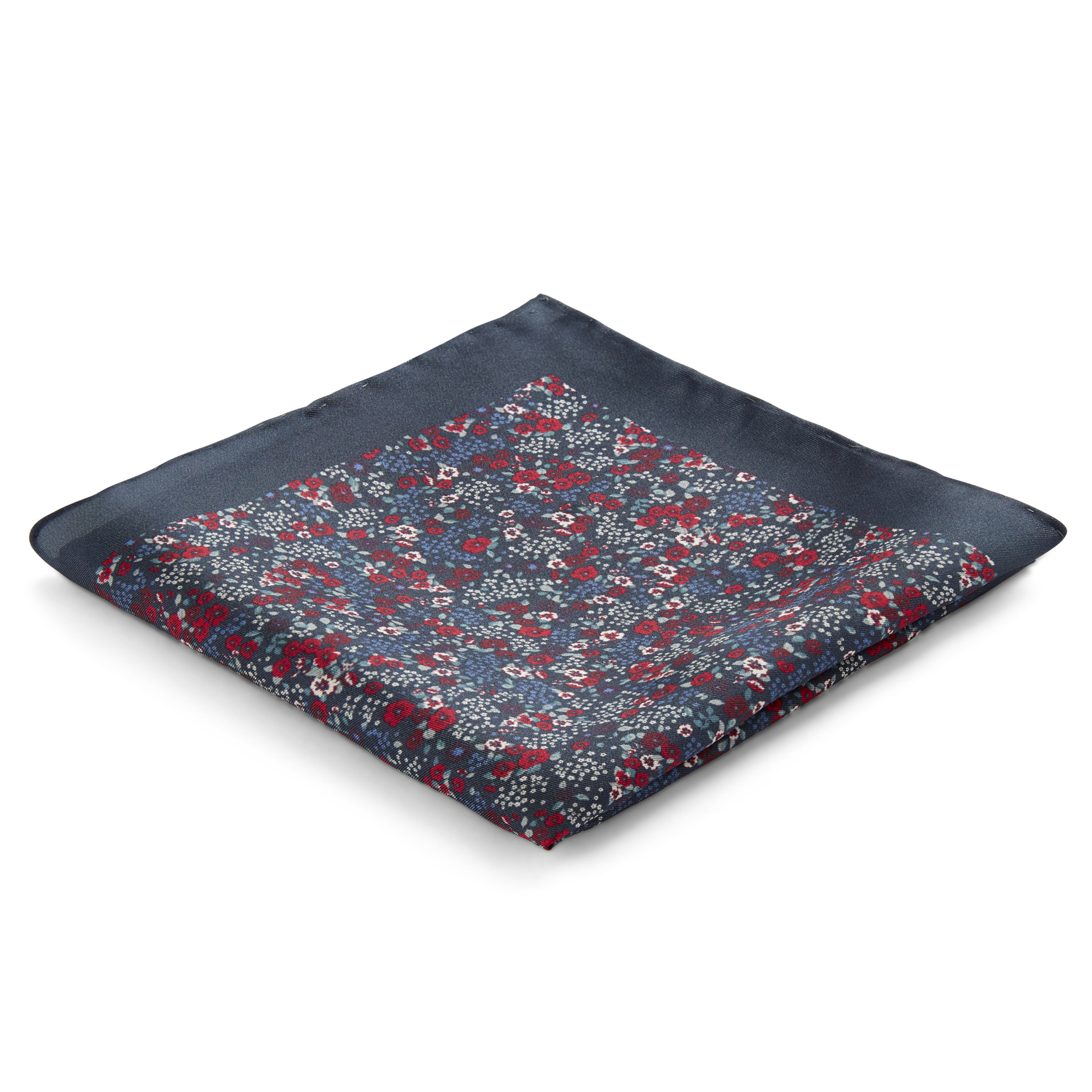 Boho | Deep Blue, Red & White Floral Pattern Silk Pocket Square