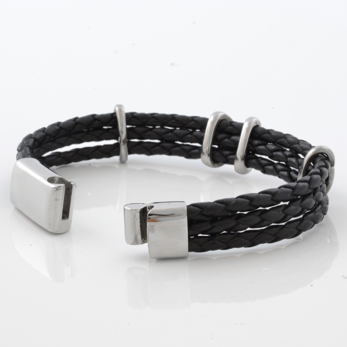 Trippelt Svart Boloflätat Läderarmband - 3