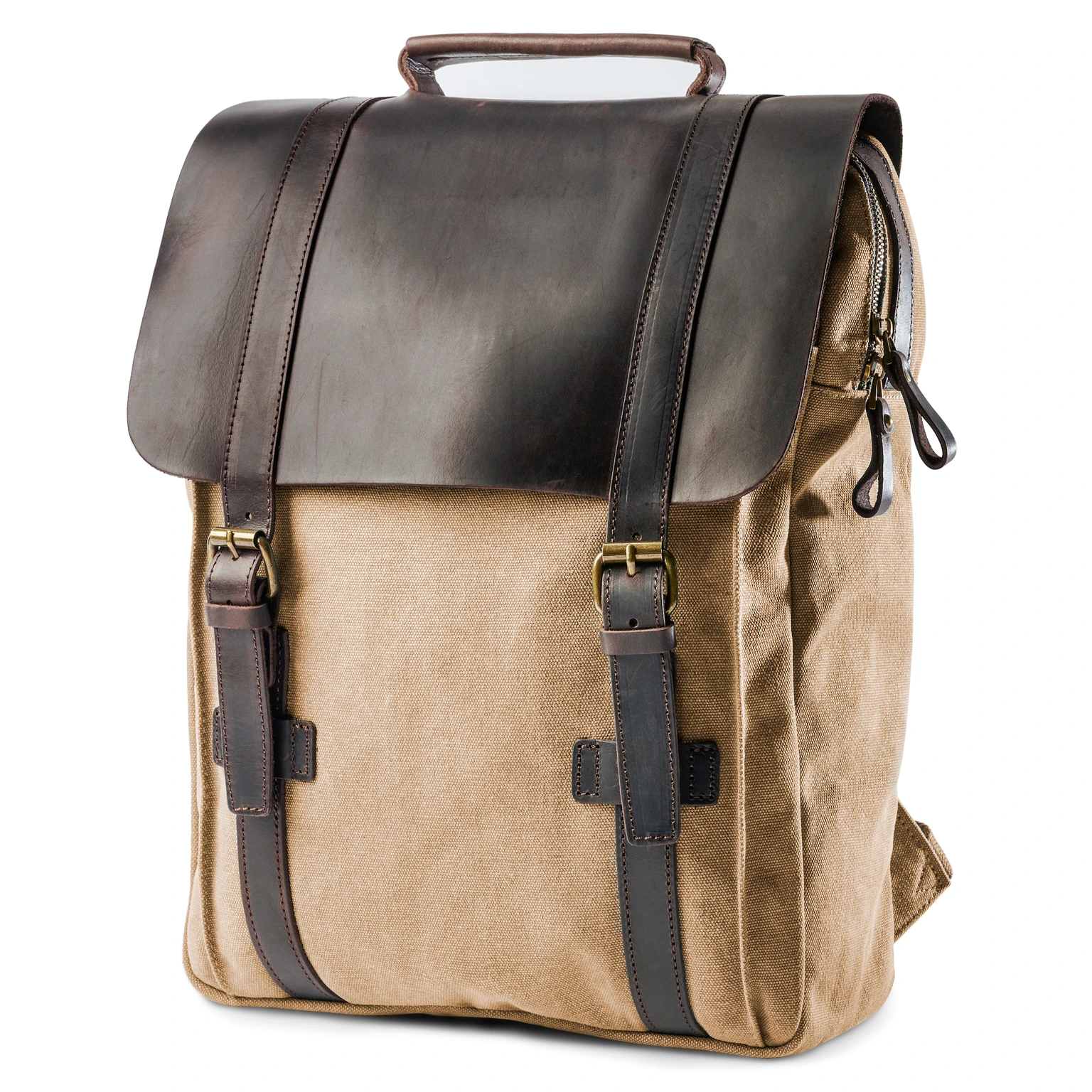 Mochila estilo vintage de lona color canela y cuero oscuro Mochila estilo vintage de lona color canela y cuero oscuro