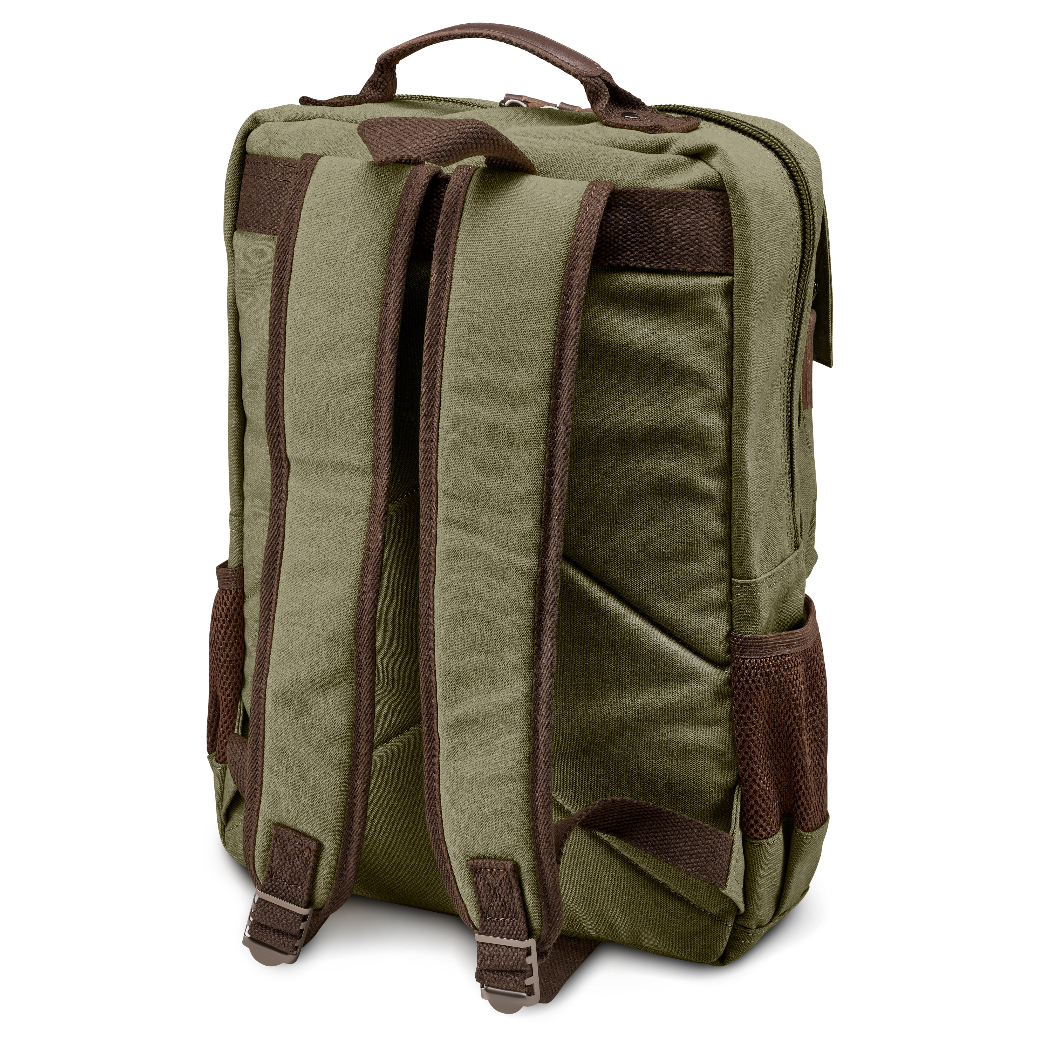 Army Green Canvas & Brown Leather Compact Backpack - 4