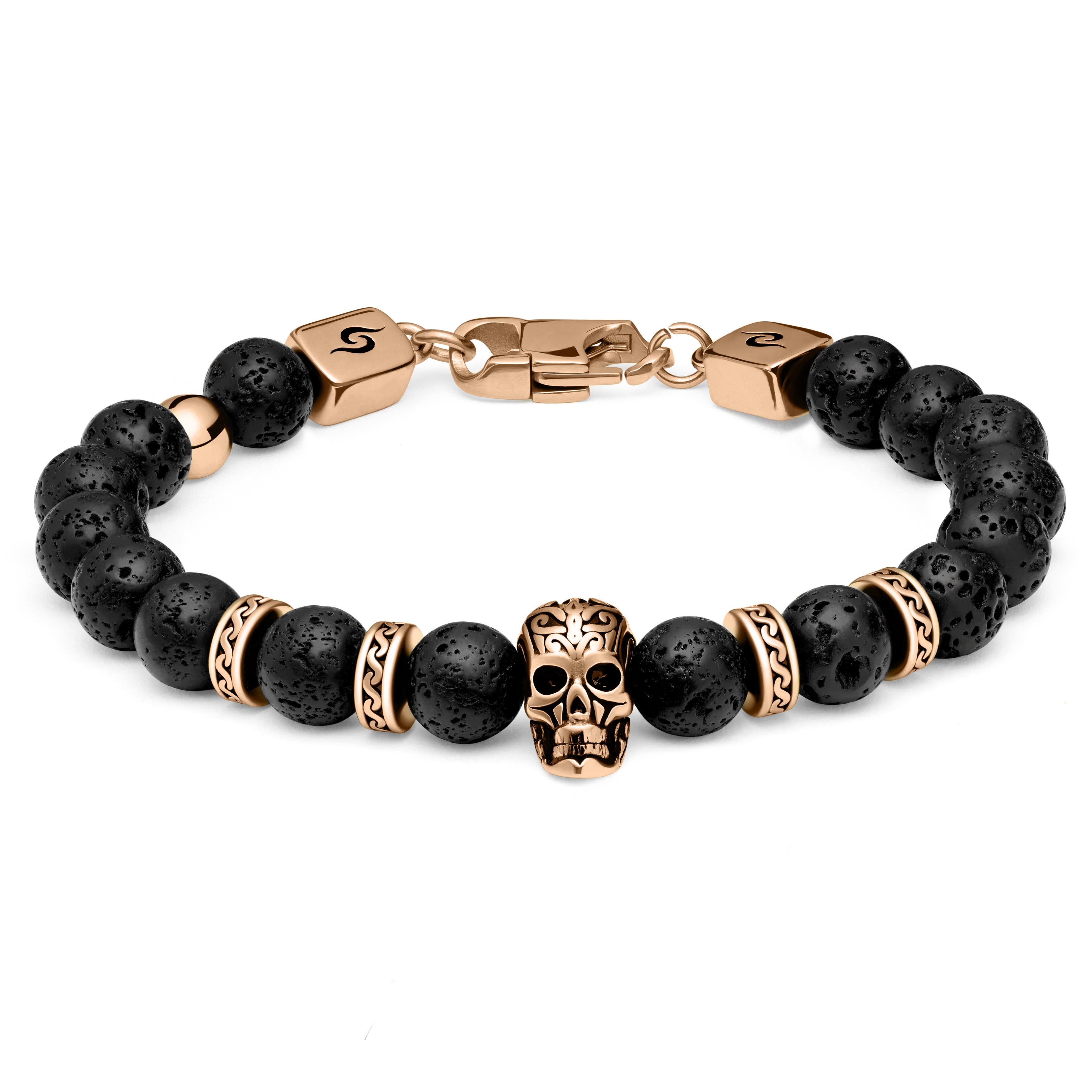 Rico | Lava Stone & Rose Gold-Tone Stainless Steel Skull Bracelet