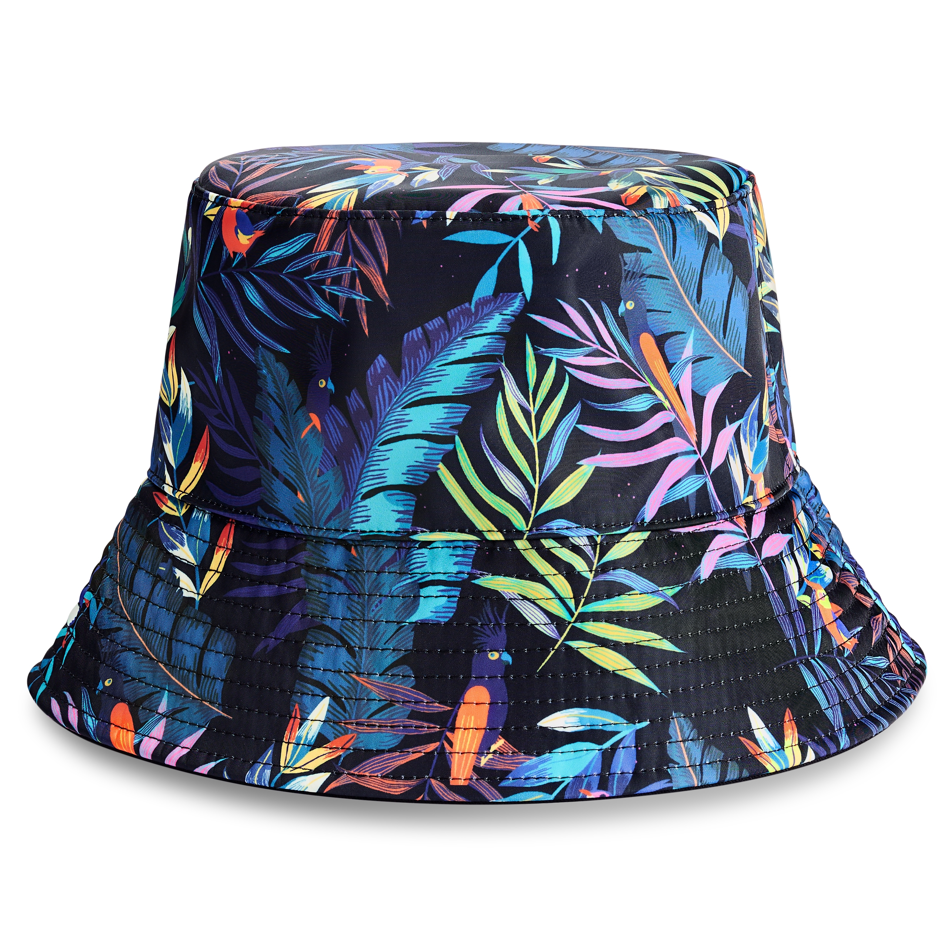 Clothing & Accessories :: Hats :: Aqua / Black Reversible Watercolor Floral Bucket  Hat, S-XXL, with Ponytail Option