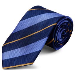 Corbata de 8 cm de seda azul marino con rayas en dorado y azul pastel