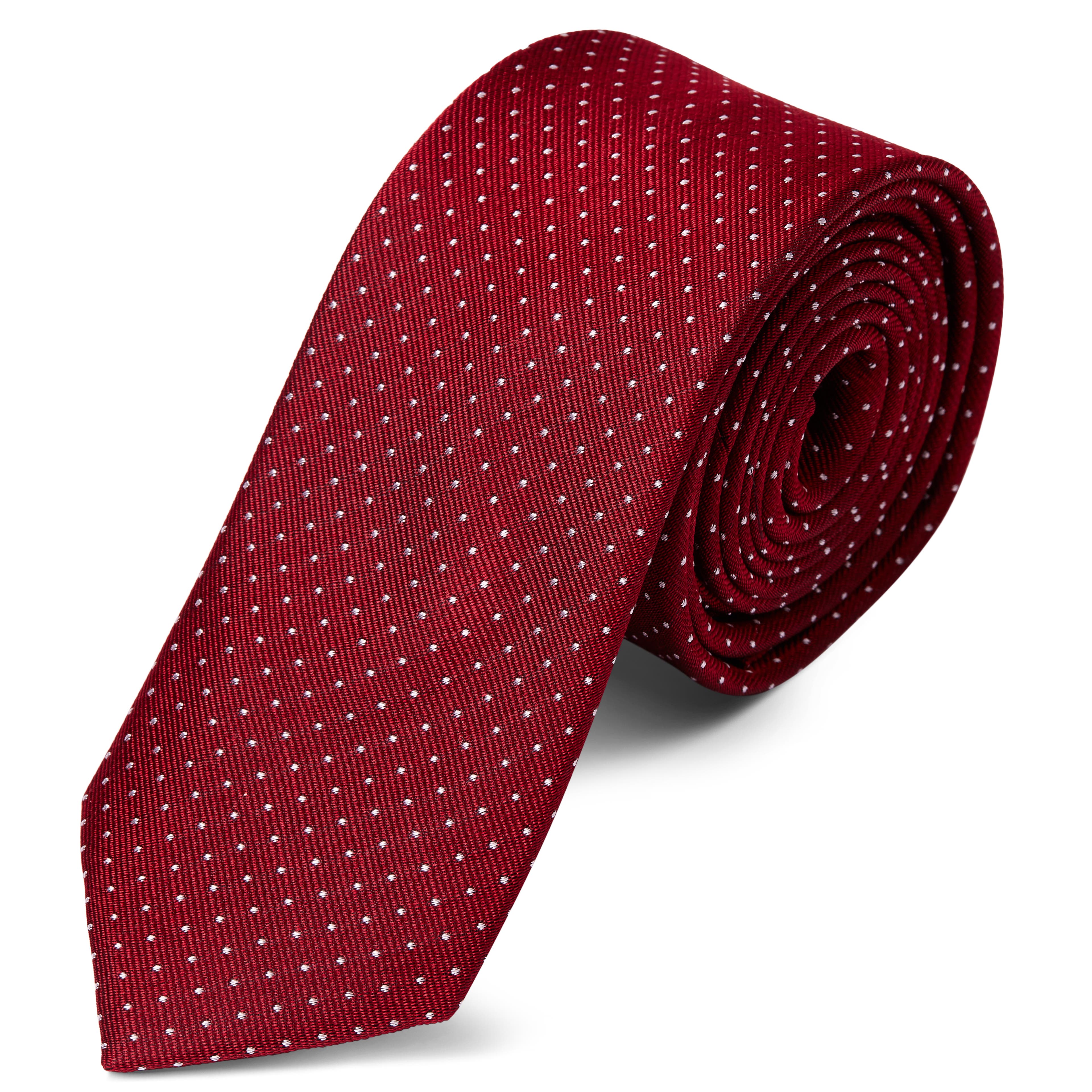 Vörös selyem nyakkendő fehér pöttyös mintával - 6 cm