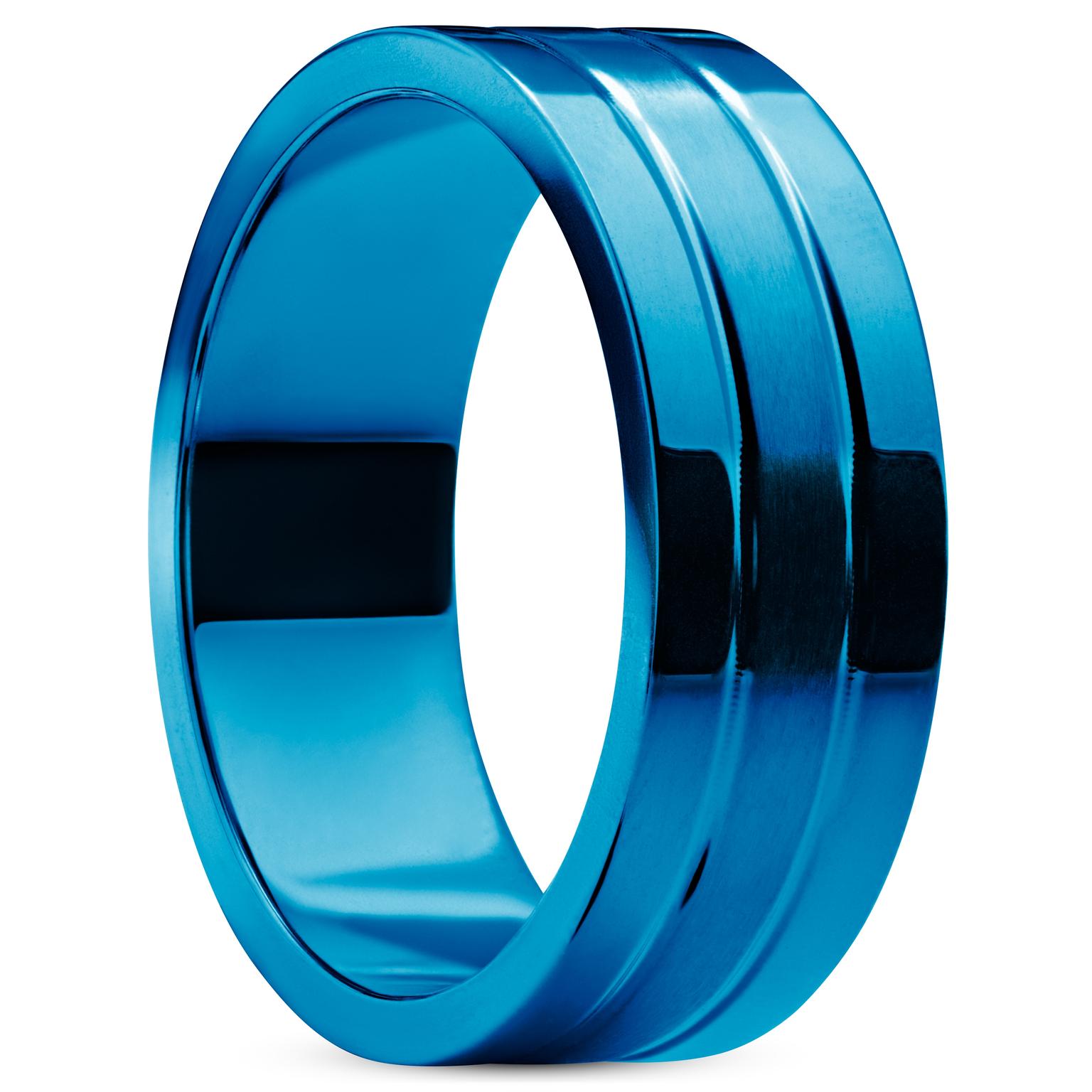 Ferrum | 8 mm Brushed & Polished Blue Stainless Steel Double Grooved Ring Ferrum | 8 mm Brushed & Polished Blue Stainless Steel Double Grooved Ring