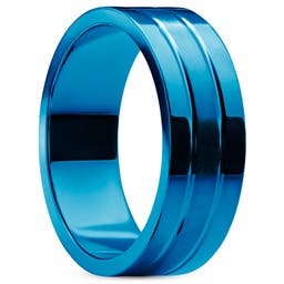 Ferrum | Плосък син полирано-матиран стоманен пръстен с две вдлъбнатини 8 мм