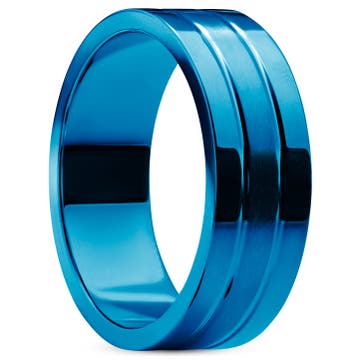 Ferrum | 8 mm plochý modrý leštěný a kartáčovaný prsten z nerezové oceli se dvěma drážkami