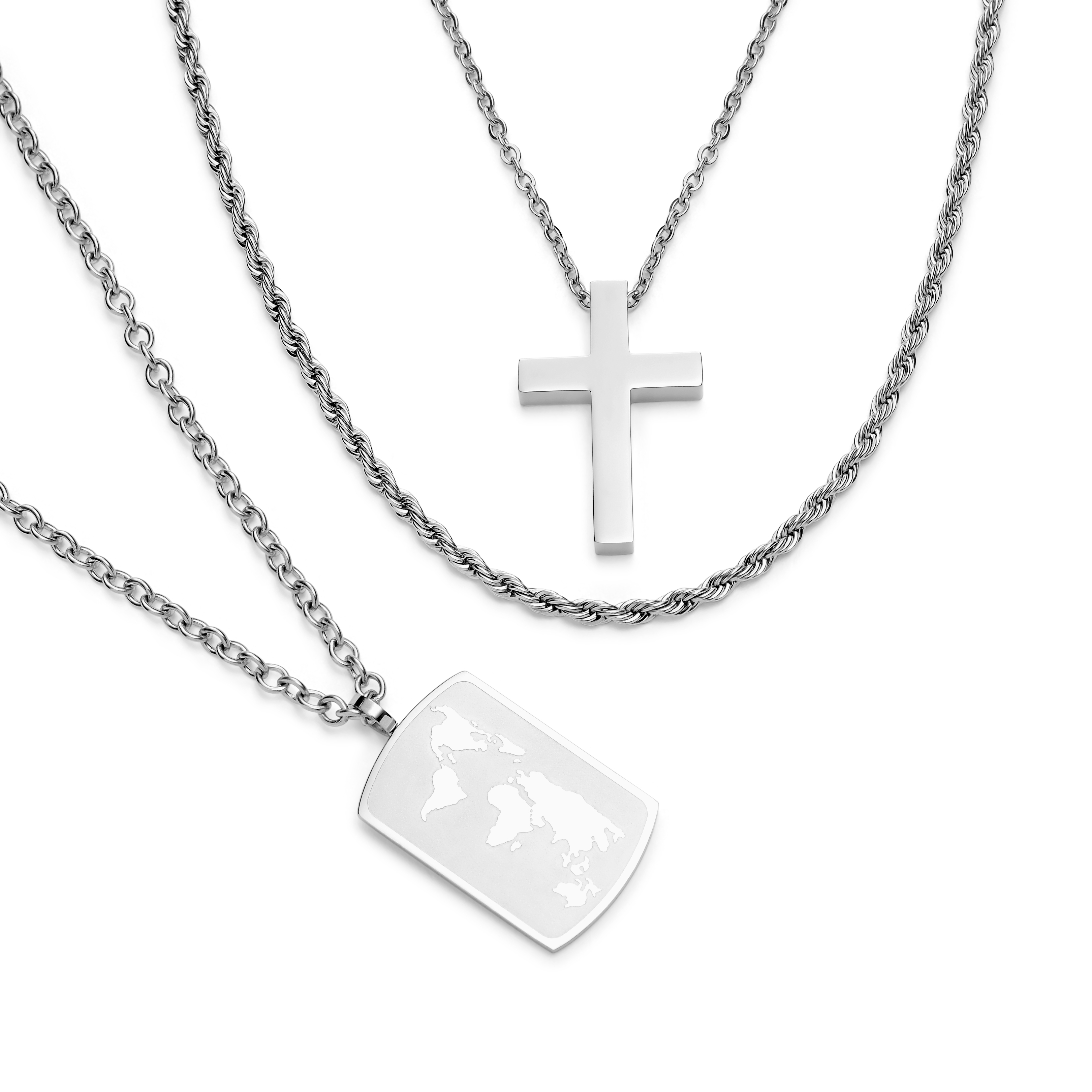 Layering Στοίβα Ασημί Αλυσίδα Rope, Σταυρός, και World Map - 2