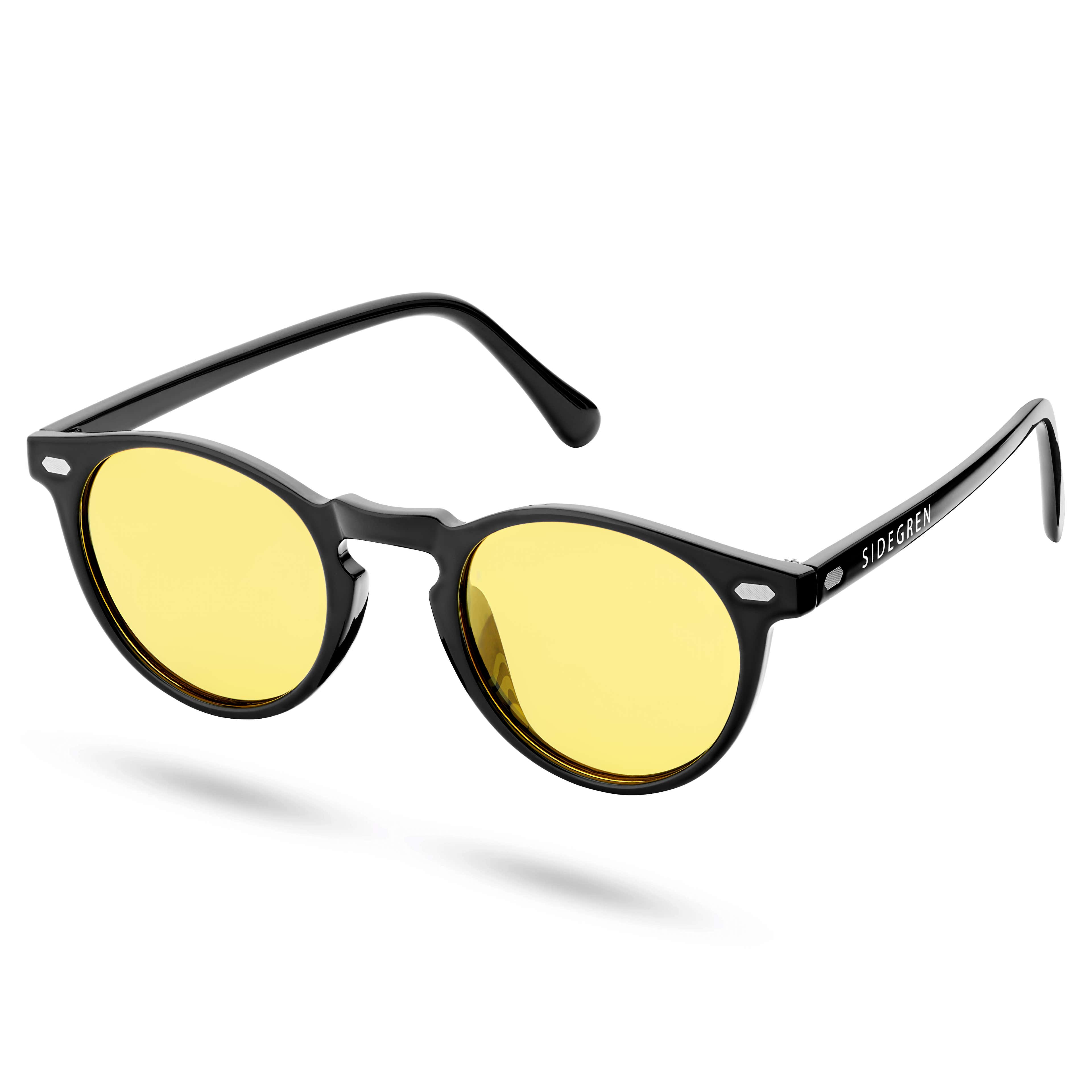Okrúhle retro polarizačné slnečné okuliare v čiernej a žltej farbe