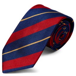 Corbata de 8 cm de seda azul marino con rayas rojas y doradas