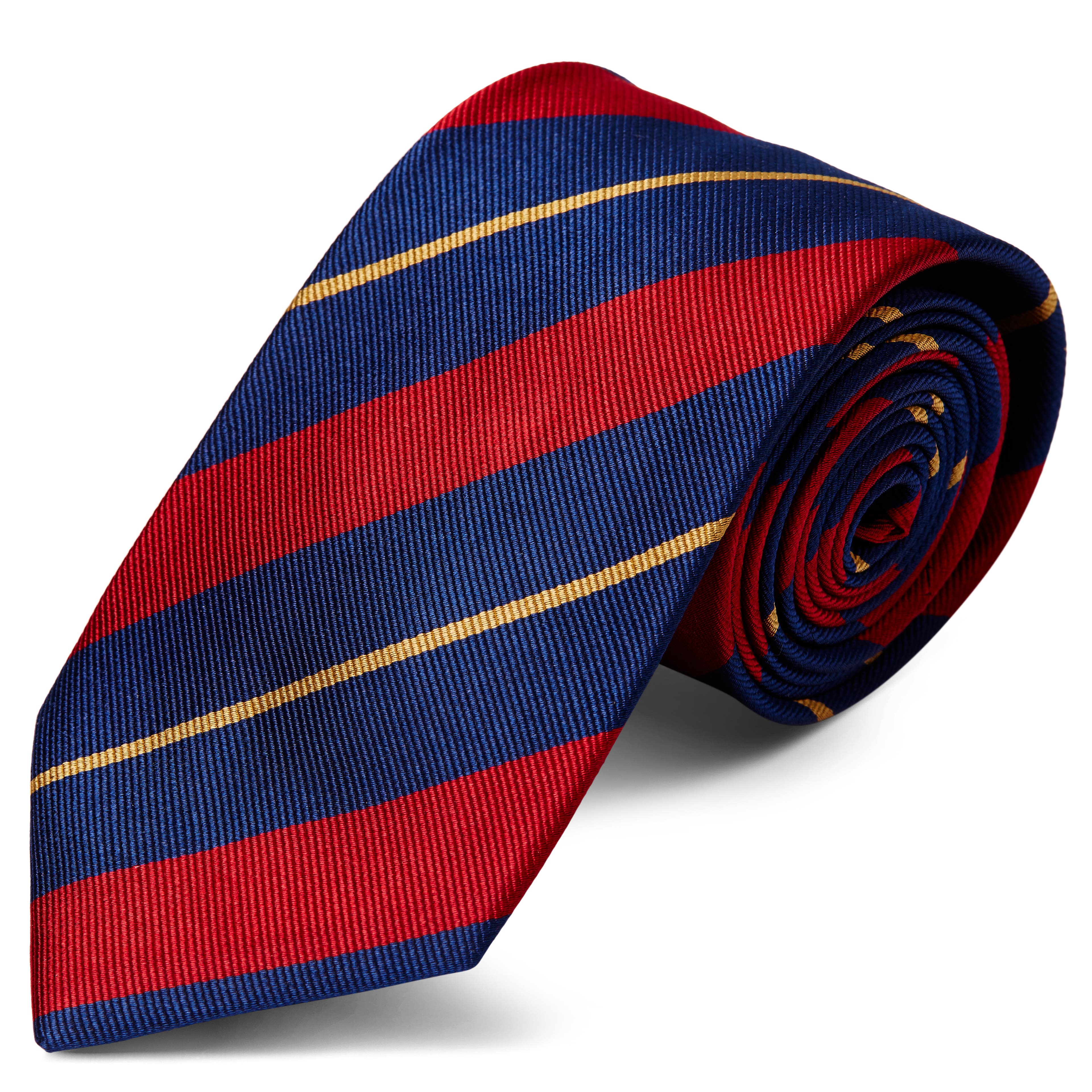 Ciemnogranatowy krawat jedwabny w czerwono-złote paski 8 cm