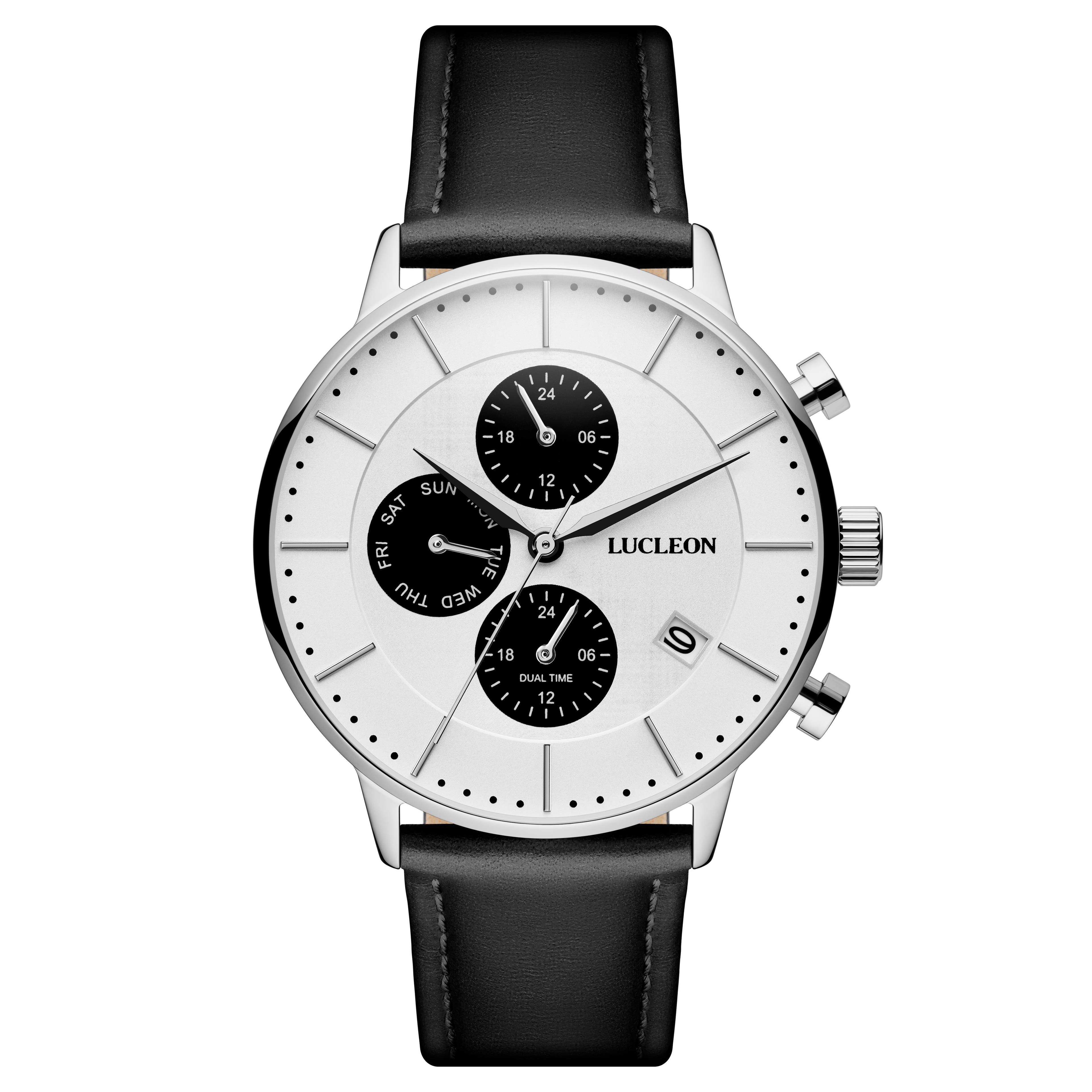 Ternion | Reloj con doble huso horario de acero inoxidable blanco y negro
