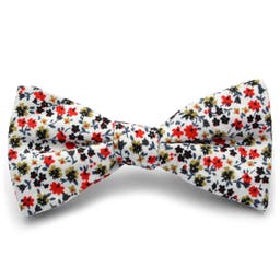 White & Cherry Red Flowers Cotton Pre-Tied Bow TIe